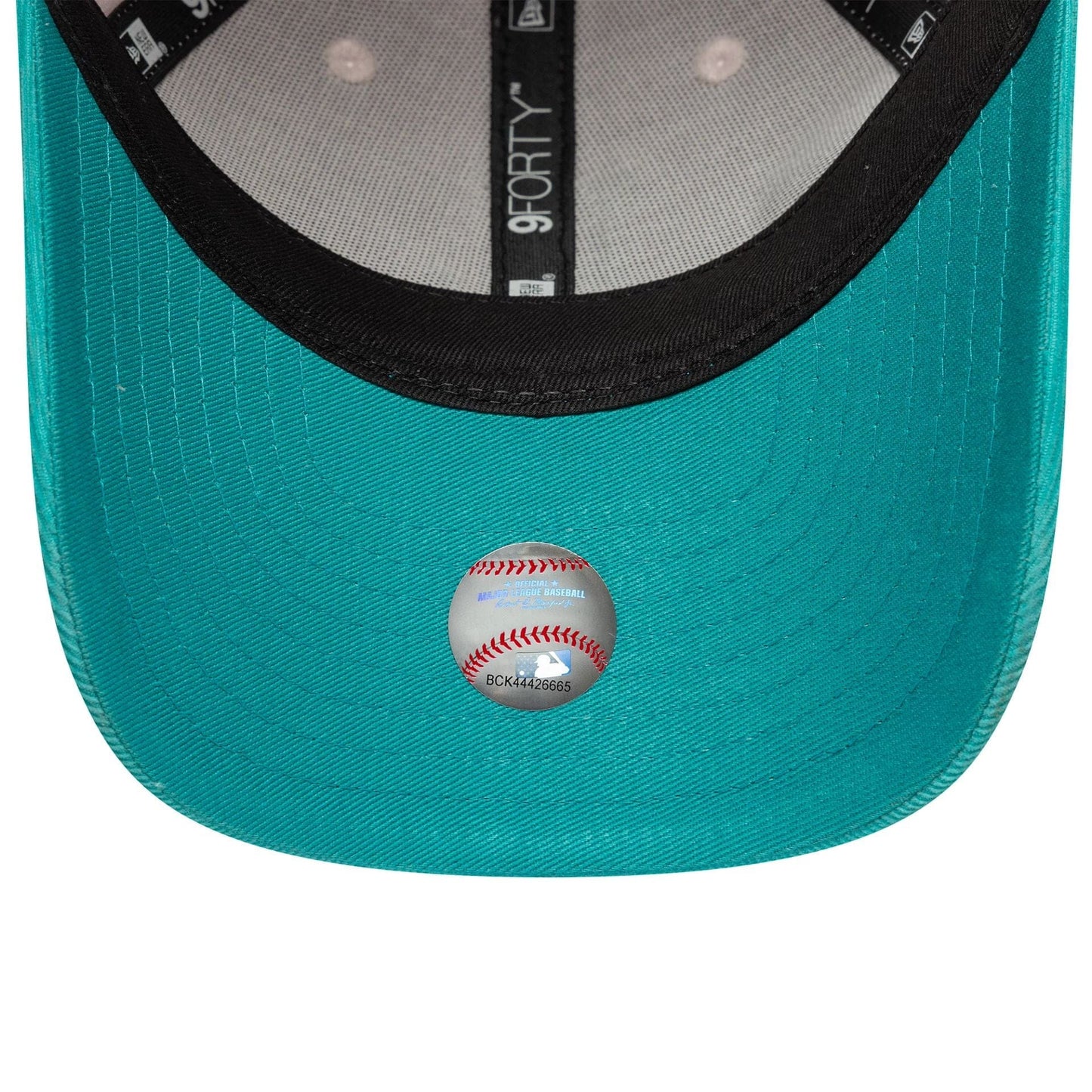 LA Dodgers Youth MLB Cord Pastel Pink New Era 9FORTY Adjustable Cap, inside view showing the black sweatband, grey interior taping with a 9FORTY label, and a baseball sticker on the teal undervisor.