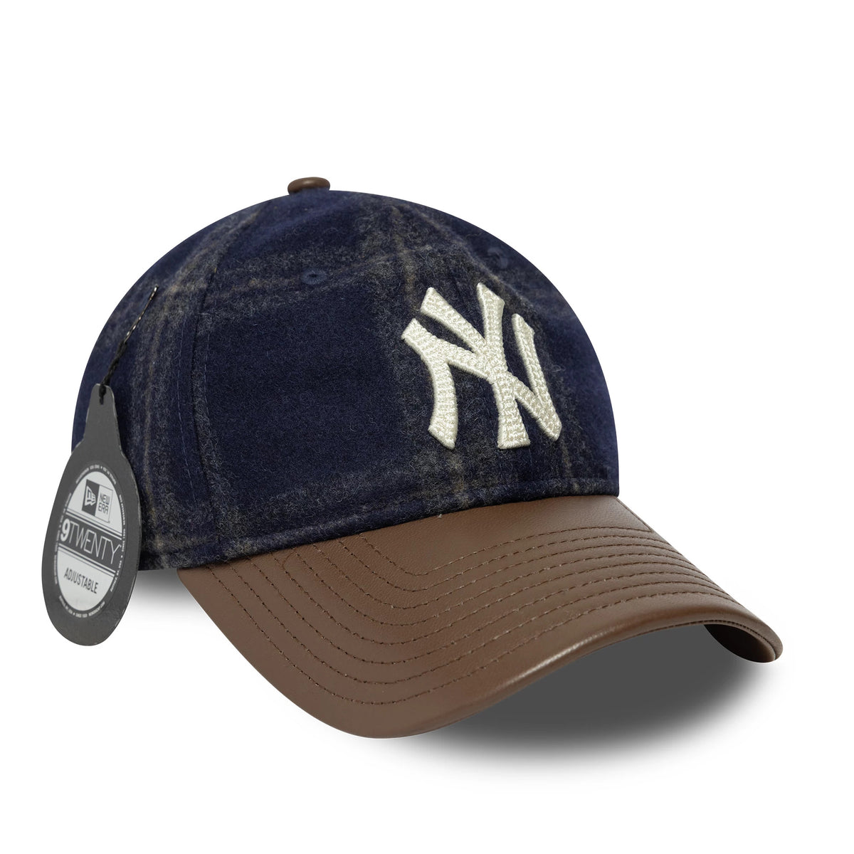 New York Yankees MLB Loden Leather Navy New Era 9TWENTY Adjustable Cap, front view showing the white NY logo in raised embroidery on the navy crown, with a brown leather curved visor and a 9TWENTY swing tag.