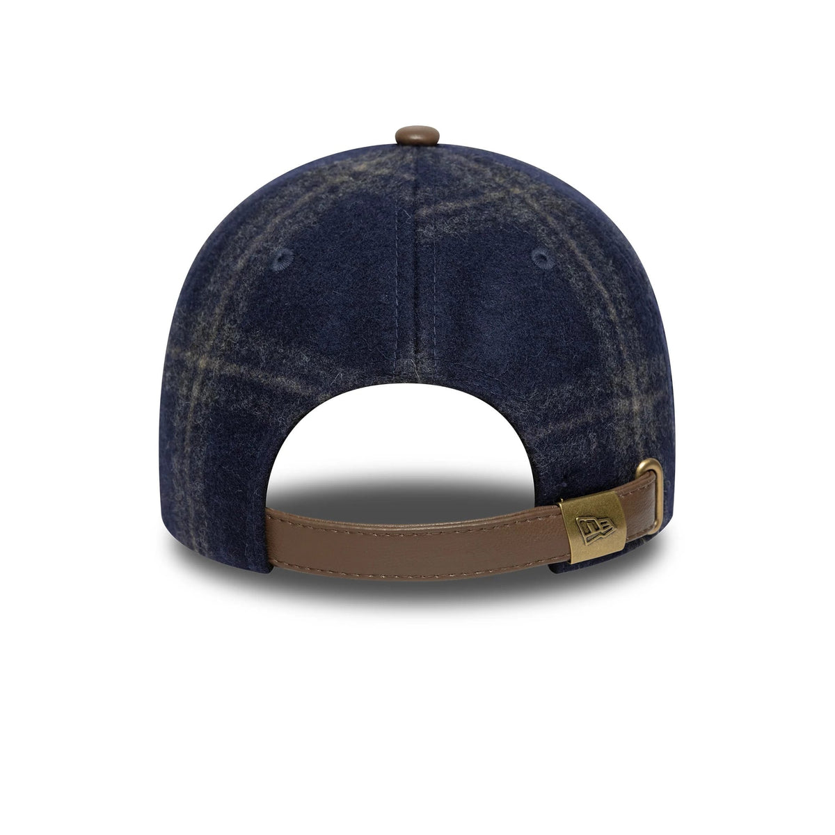 New York Yankees MLB Loden Leather Navy New Era 9TWENTY Adjustable Cap, rear view showing the brown leather strap with a brass buckle, plaid pattern on the navy crown, and the top button matching the strap.