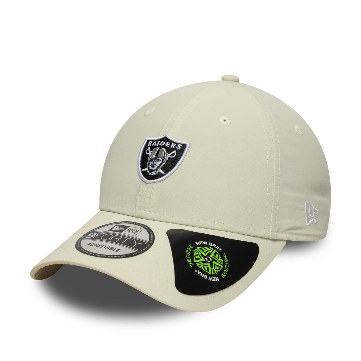 Las Vegas Raiders NFL Recycled Mini Cream New Era 9FORTY Adjustable Cap, front view showing the grey and black Raiders logo in raised embroidery on the front panel, with a 9FORTY size sticker on the cream curved visor.