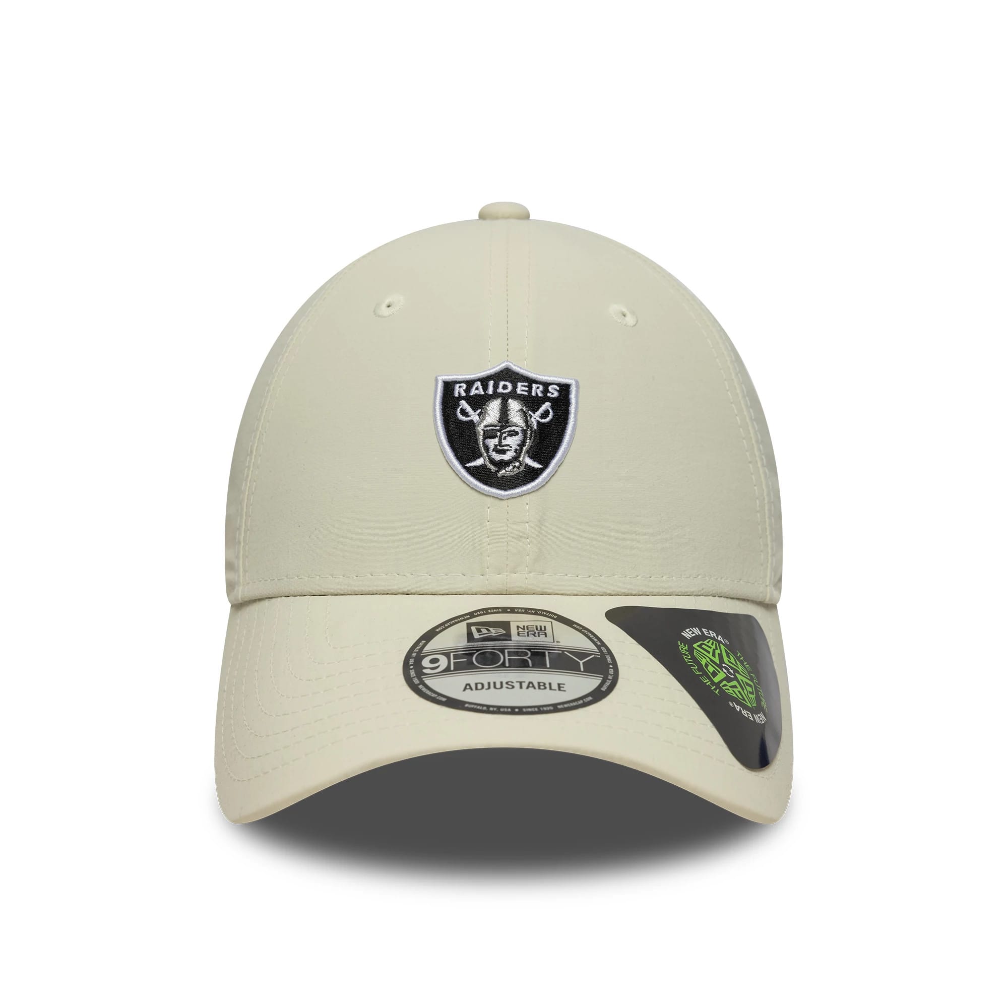 Las Vegas Raiders NFL Recycled Mini Cream New Era 9FORTY Adjustable Cap, front view showing the black and white embroidered Raiders shield logo on the cream crown, with a curved visor and 9FORTY size sticker.