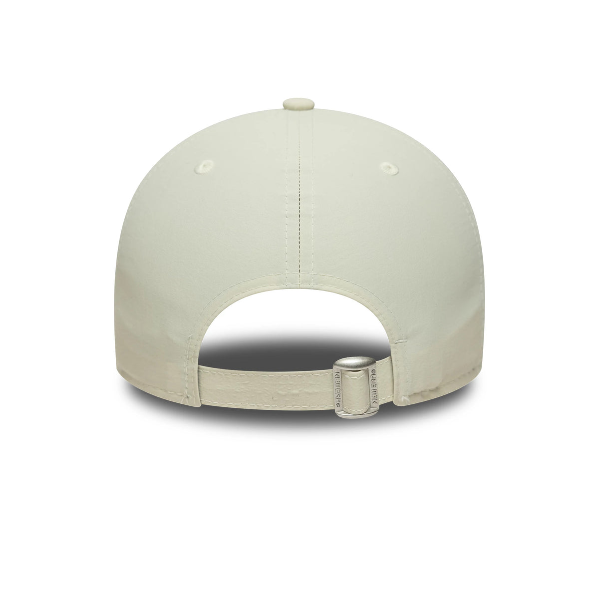 Las Vegas Raiders NFL Recycled Mini Cream New Era 9FORTY Adjustable Cap, rear view showing a buckle closure on the cream strap, under the low-profile structured crown with embroidered eyelets.