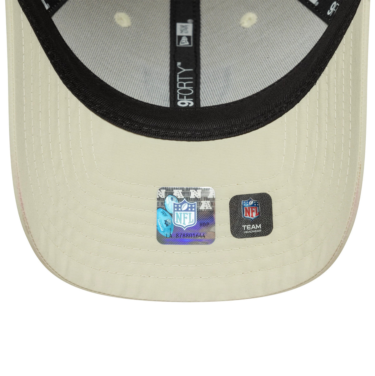Las Vegas Raiders NFL Recycled Mini Cream New Era 9FORTY Adjustable Cap, inside view showing the grey undervisor, contrasting black sweatband with team taping, and attached NFL authentic and team headwear stickers.