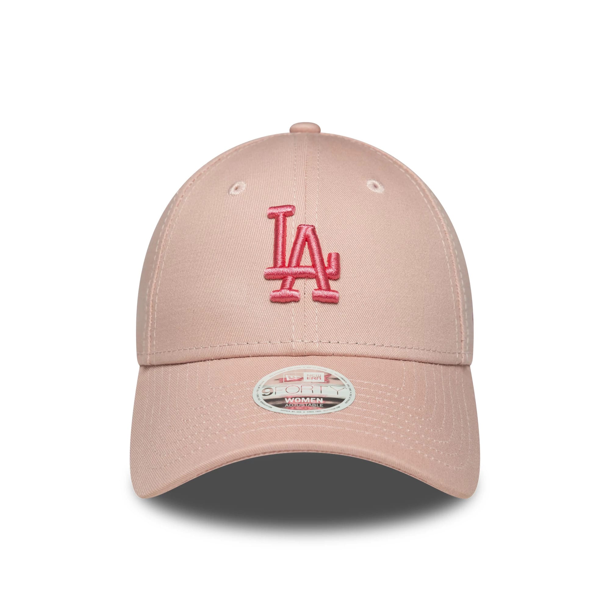 LA Dodgers Womens MLB League Essential Pastel Pink New Era 9FORTY Adjustable Cap, front view showing the raised pink LA logo embroidered on the front panel, with a curved visor and 9FORTY size sticker on the visor.