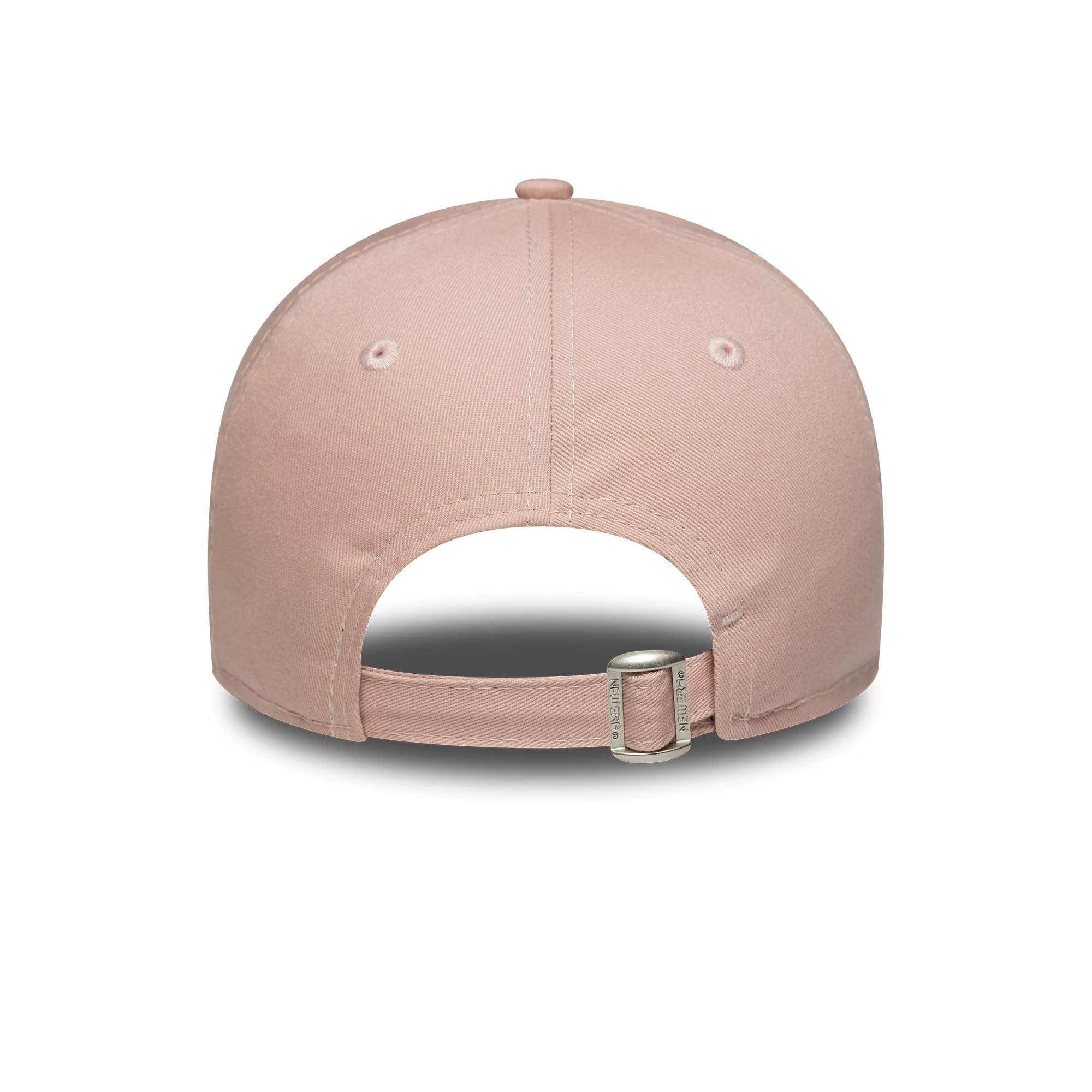 LA Dodgers Womens MLB League Essential Pastel Pink New Era 9FORTY Adjustable Cap, rear view showing the adjustable strap with a buckle clasp, two embroidered eyelets on the back panels, and a soft pastel pink structured crown.