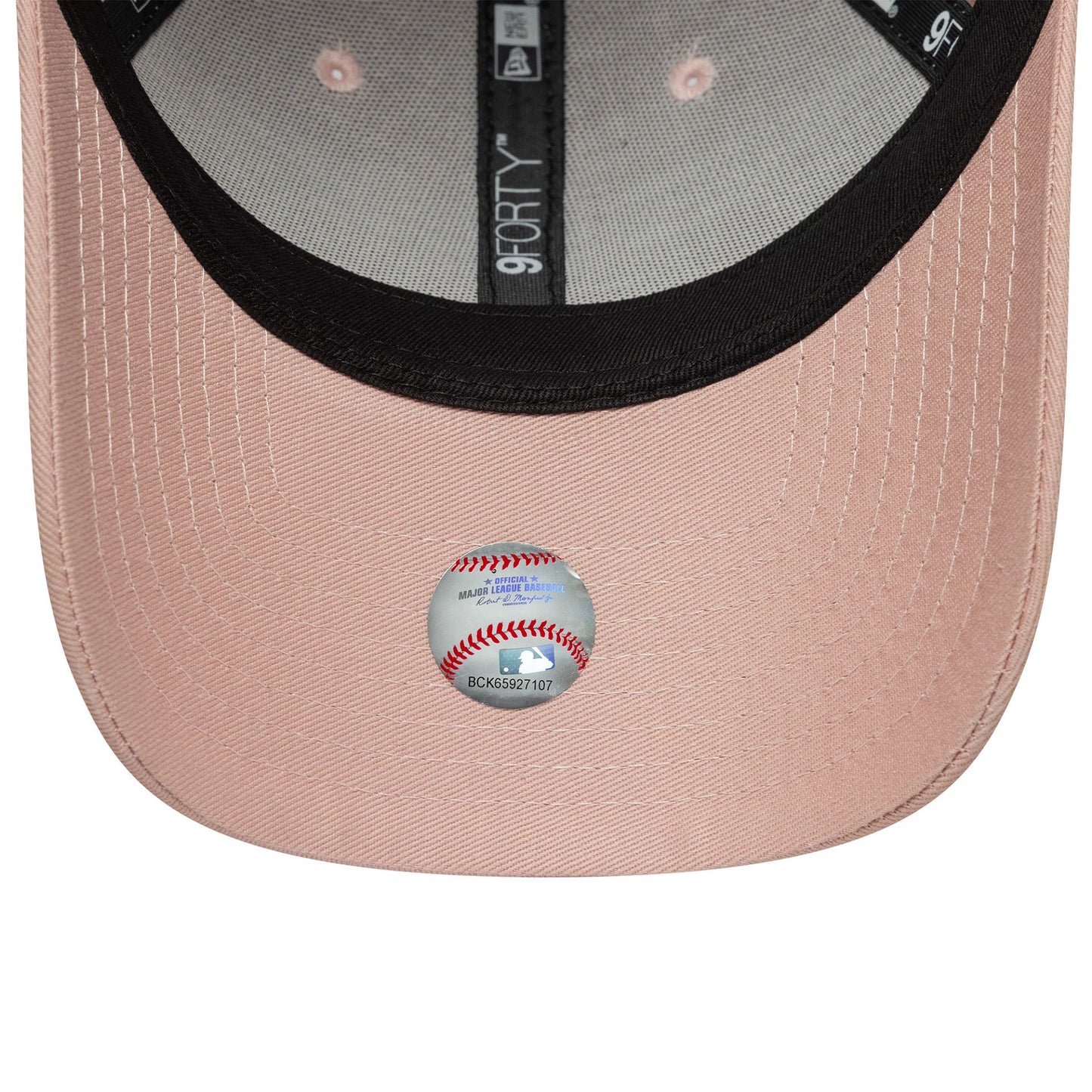 LA Dodgers Womens MLB League Essential Pastel Pink New Era 9FORTY Adjustable Cap, inside view showing the black sweatband with 9FORTY branding, grey taping, and a pink undervisor with an MLB holographic sticker.