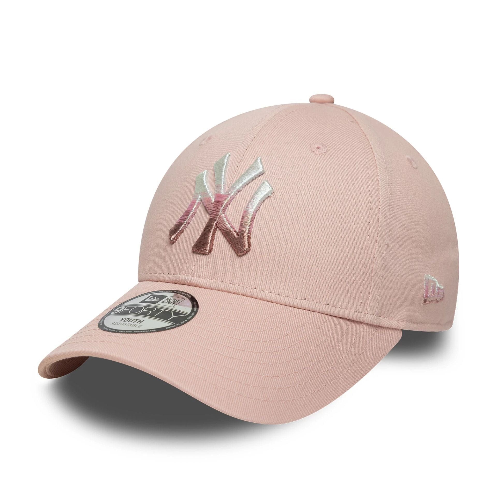 This is a New York Yankees Youth MLB Metallic Pastel Pink 9FORTY Adjustable Cap 1