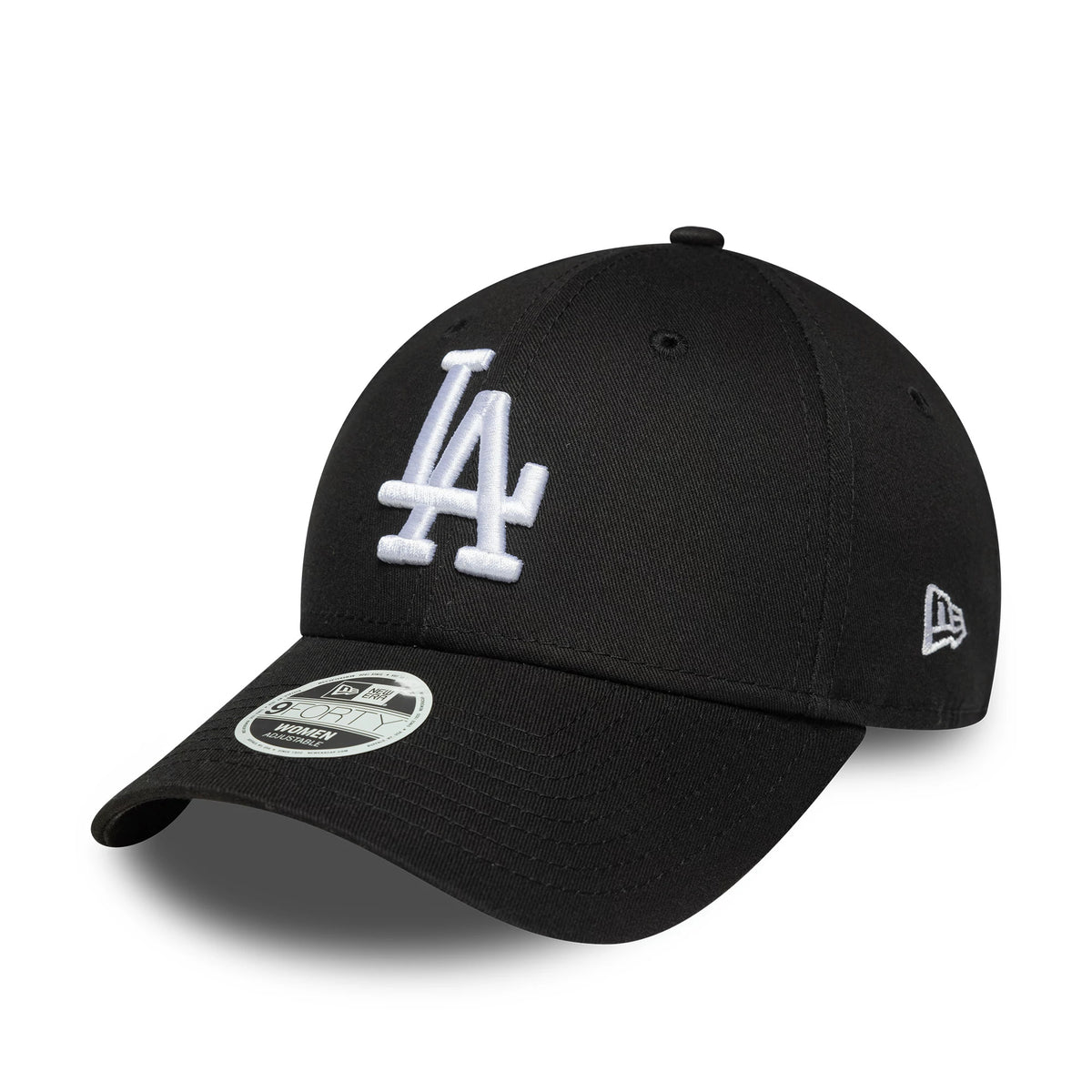 LA Dodgers Womens MLB League Essential Black New Era 9FORTY Adjustable Cap, three-quarter view showing the raised white LA logo on the front panel, the curved black visor with a 9FORTY size sticker, and the white New Era flag logo on the left side.