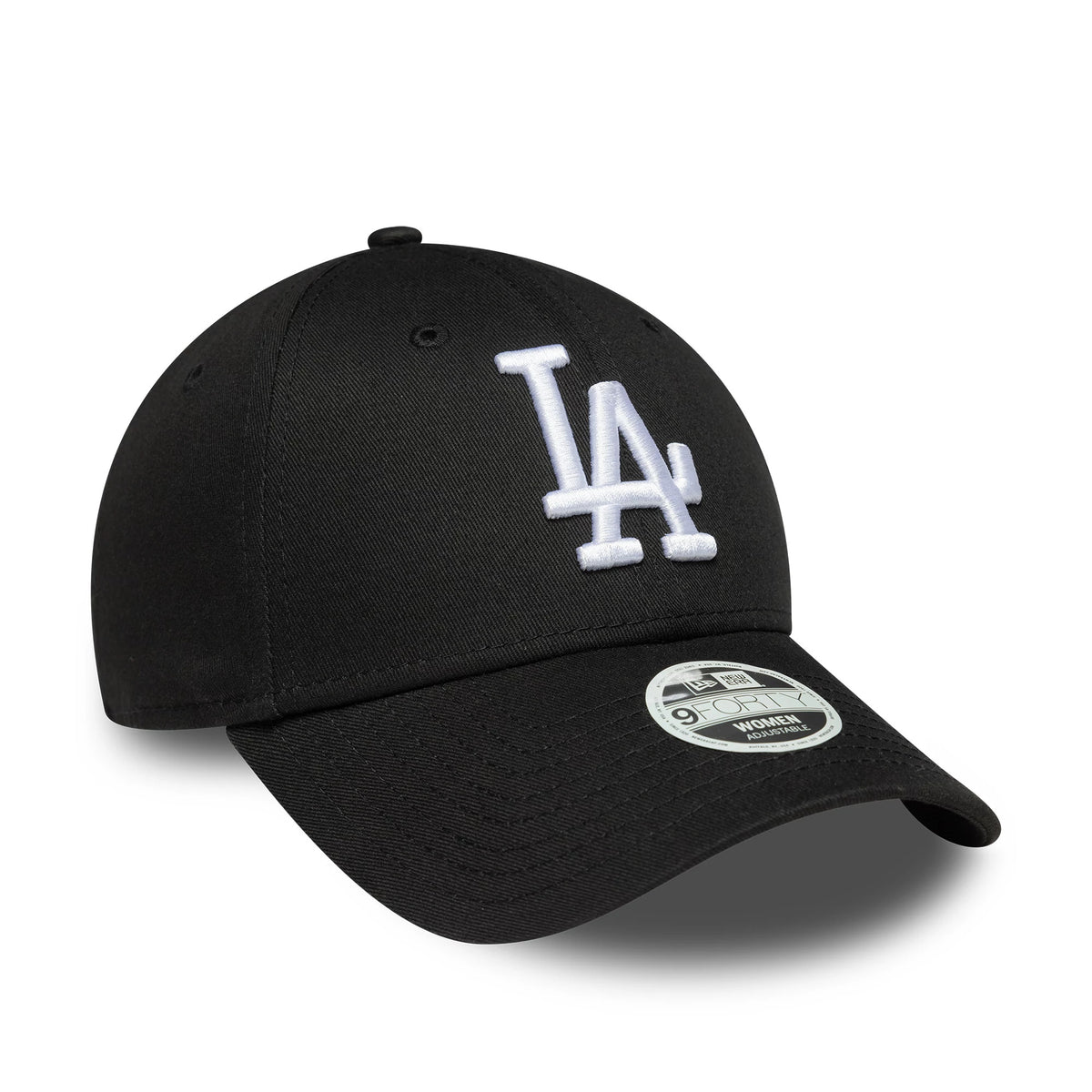 LA Dodgers Womens MLB League Essential Black New Era 9FORTY Adjustable Cap, front view showing the white embroidered LA logo on the structured black crown with an arched visor and a 9FORTY size sticker.