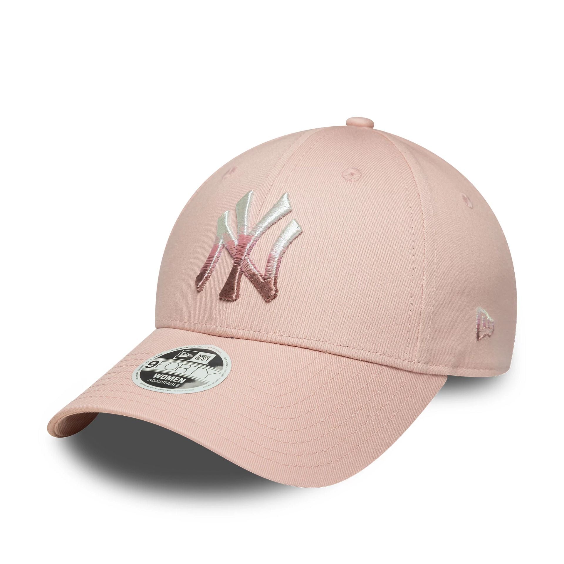 This is a New York Yankees Womens MLB Metallic Logo Pastel Pink 9FORTY Adjustable Cap 1