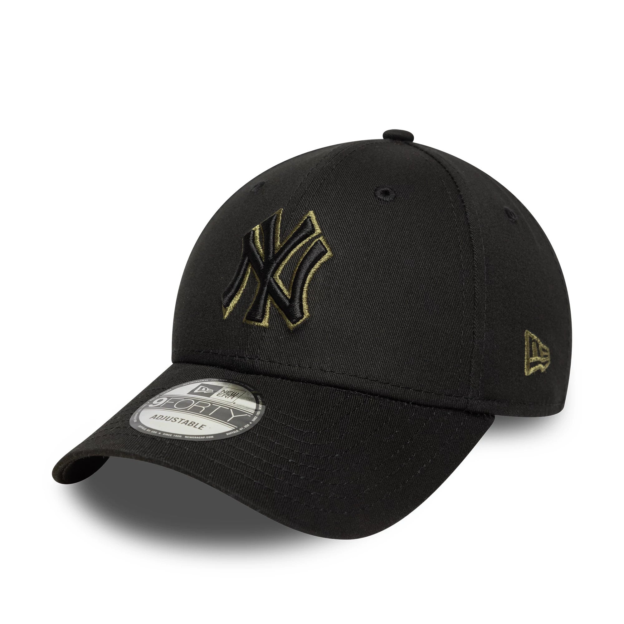 New York Yankees MLB Team Outline Black New Era 9FORTY Adjustable Cap, three-quarter view showing the black and gold raised embroidered Yankees logo on the front panel, curved black visor with 9FORTY size sticker.