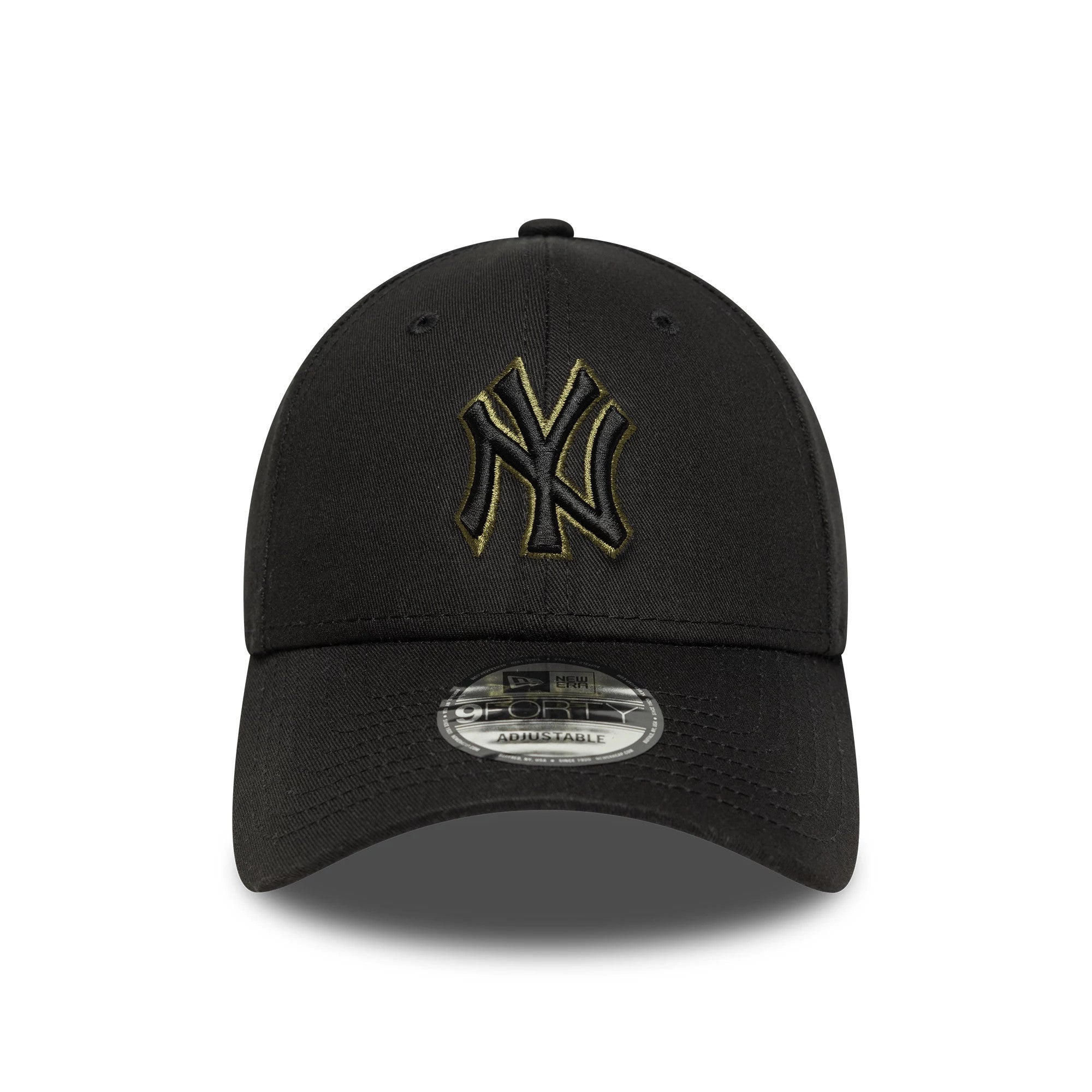 New York Yankees MLB Team Outline Black New Era 9FORTY Adjustable Cap, front view showing a raised black and gold embroidered NY logo on the structured black crown, with a curved visor and a 9FORTY size sticker on the visor.
