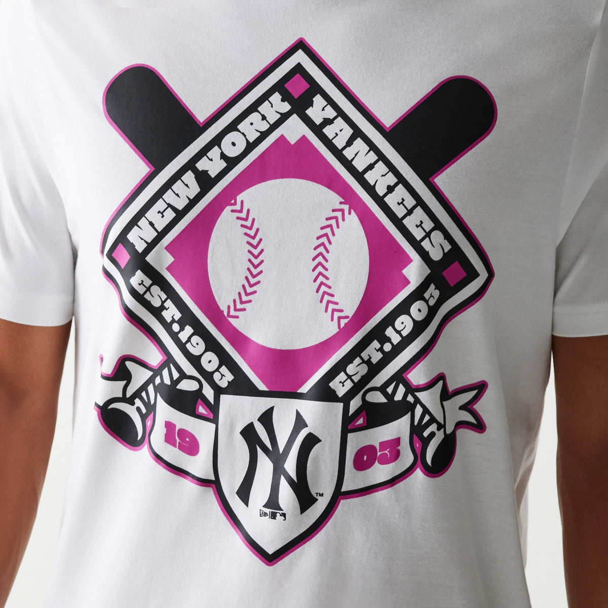 New Era New York Yankees MLB Baseball Graphic White T-Shirt, front view showing a pink and black graphic with crossed bats and baseball, featuring the New York Yankees name and logo prominently with 'Est. 1903' text.