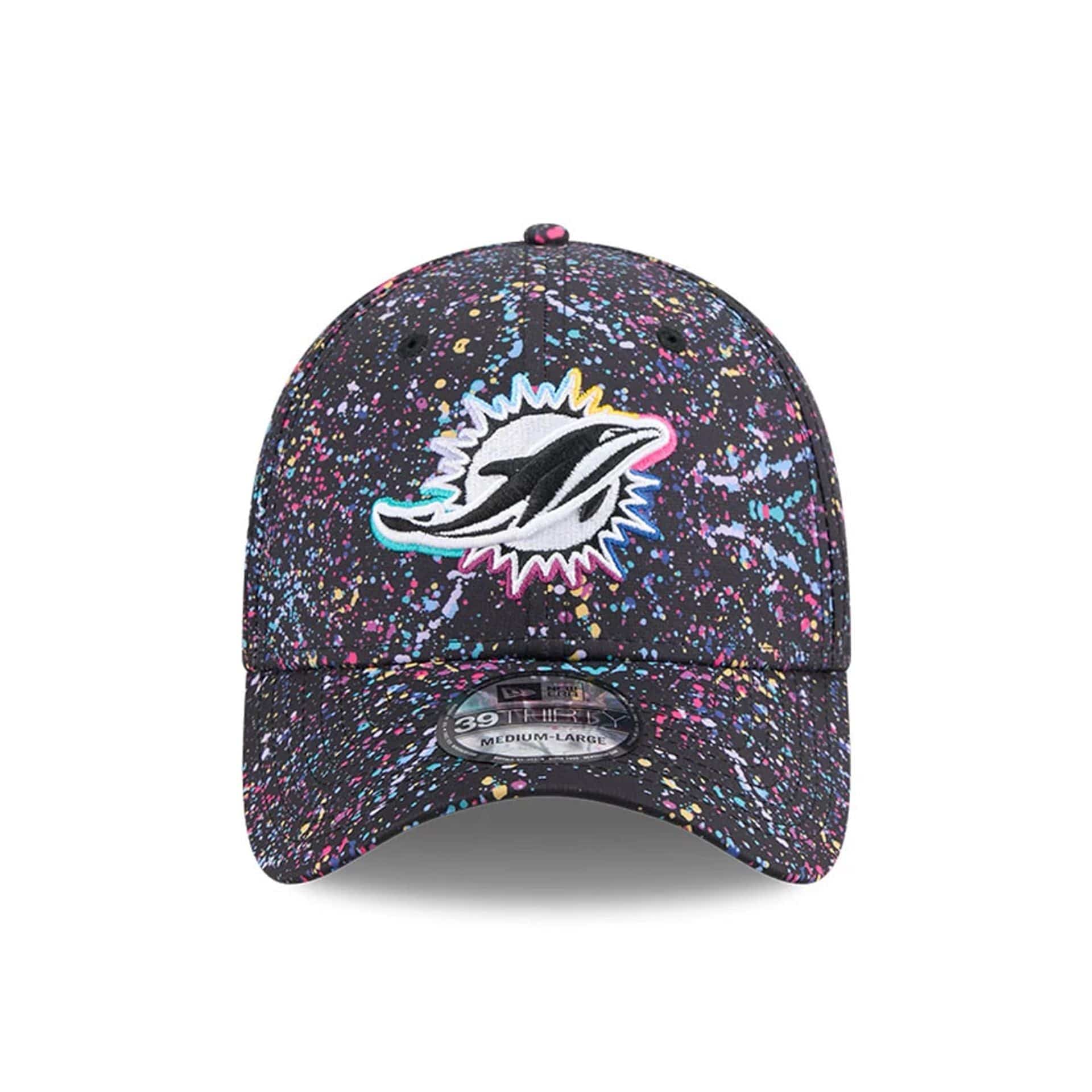 This is a Miami Dolphins NFL Crucial Catch 2025 Black 39THIRTY Stretch Fit Cap 2