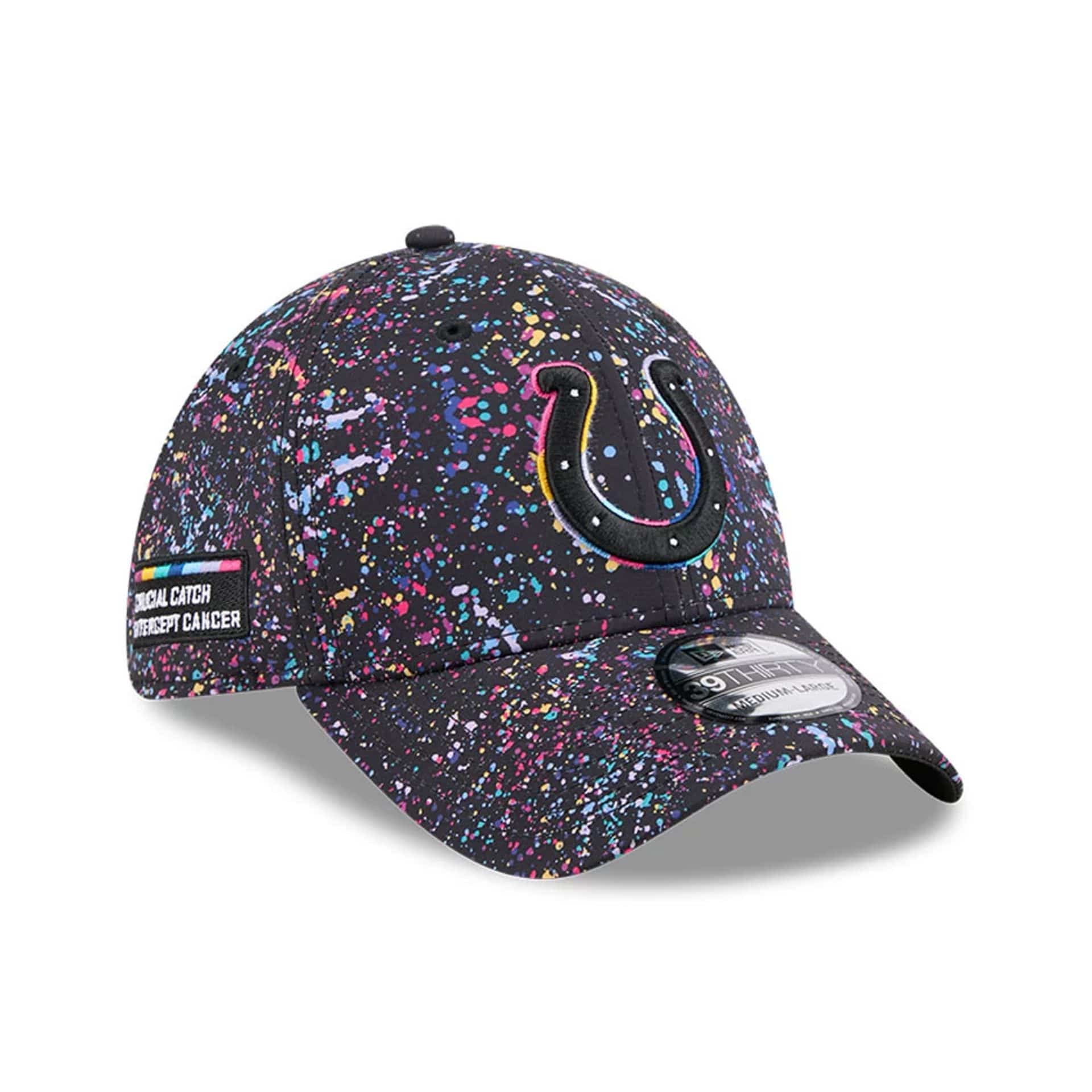 This is a Indianapolis Colts NFL Crucial Catch 2025 Black 39THIRTY Stretch Fit Cap 1