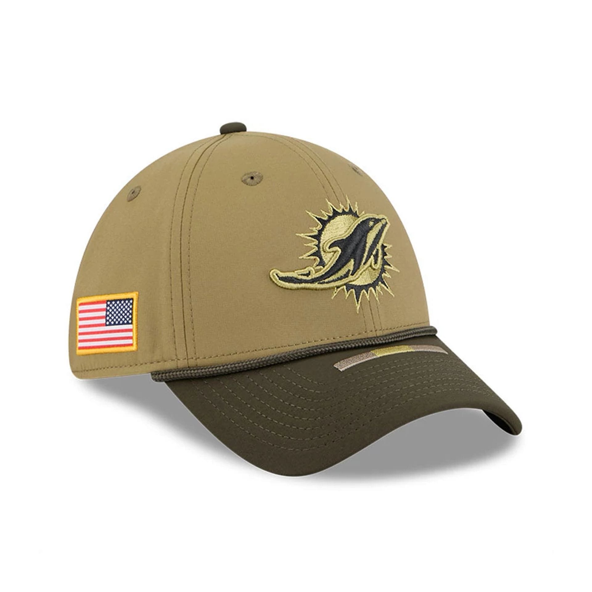 This is a Miami Dolphins NFL Salute To Service 2025 Dark Green 39THIRTY Stretch Fit Cap 1