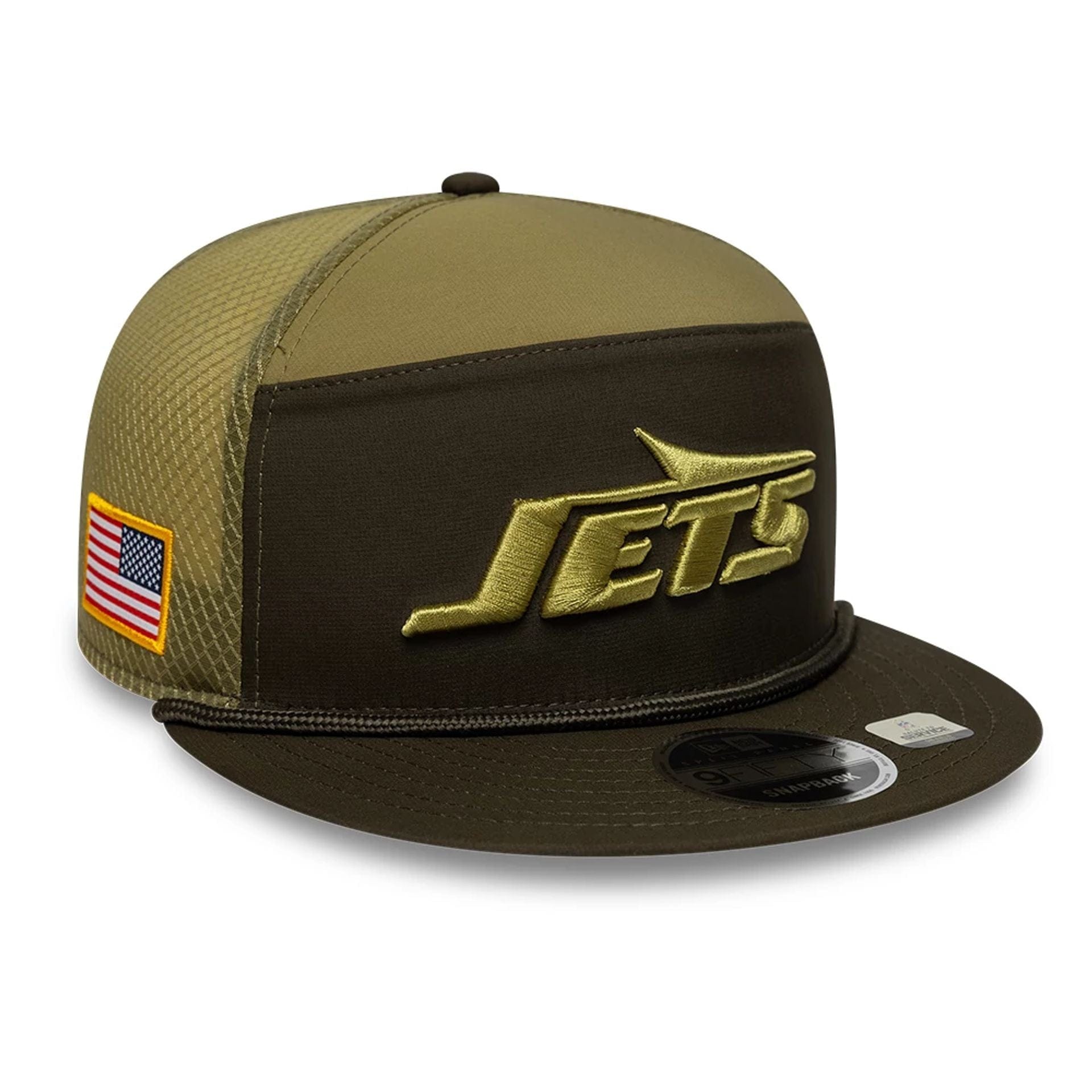 This is a New York Jets NFL Salute To Service 2025 Dark Green 9FIFTY Split Panel Snapback Adjustable Cap 1