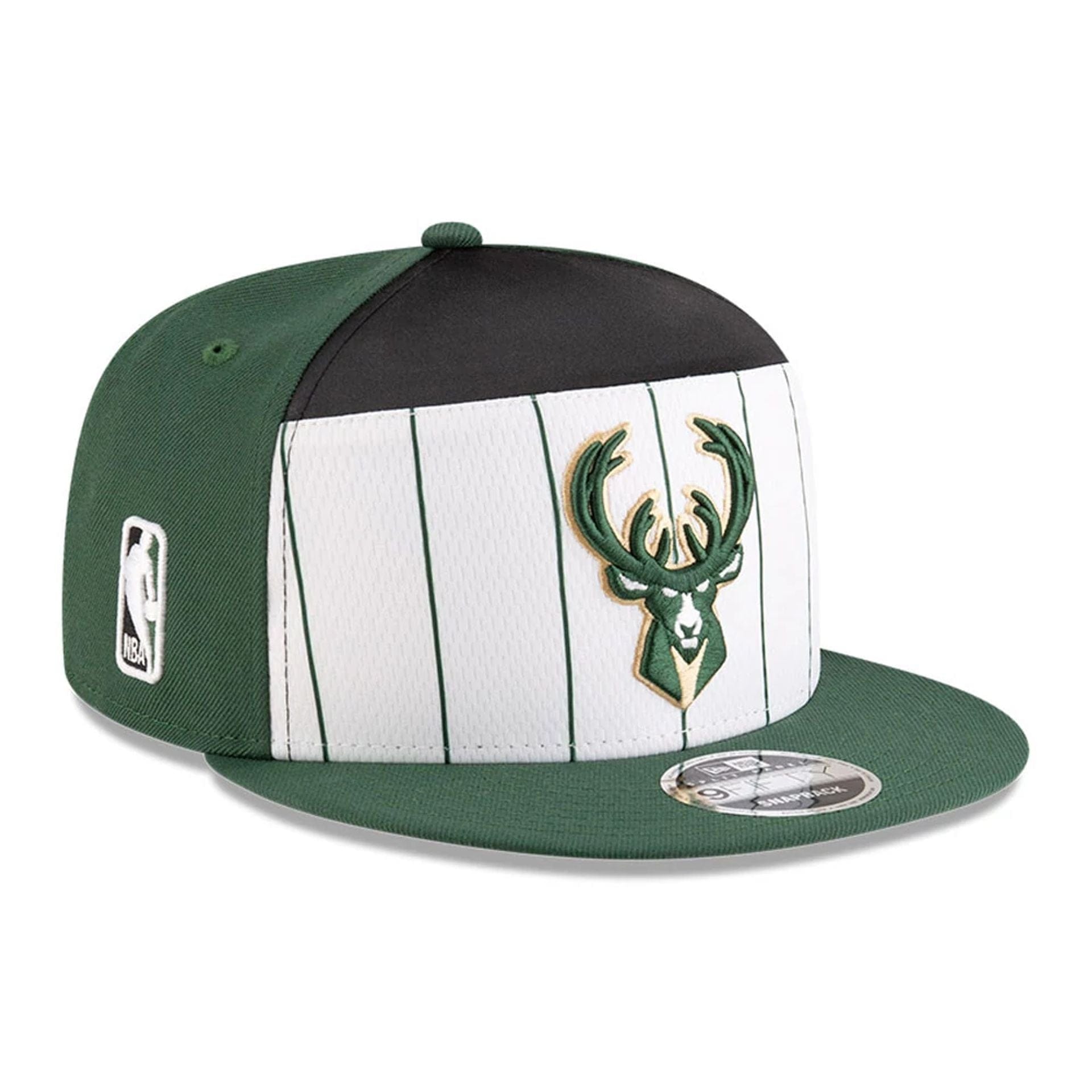 This is a Milwaukee Bucks NBA Tip Off 2025 Dark Green 9FIFTY Split Panel Snapback Adjustable Cap 1