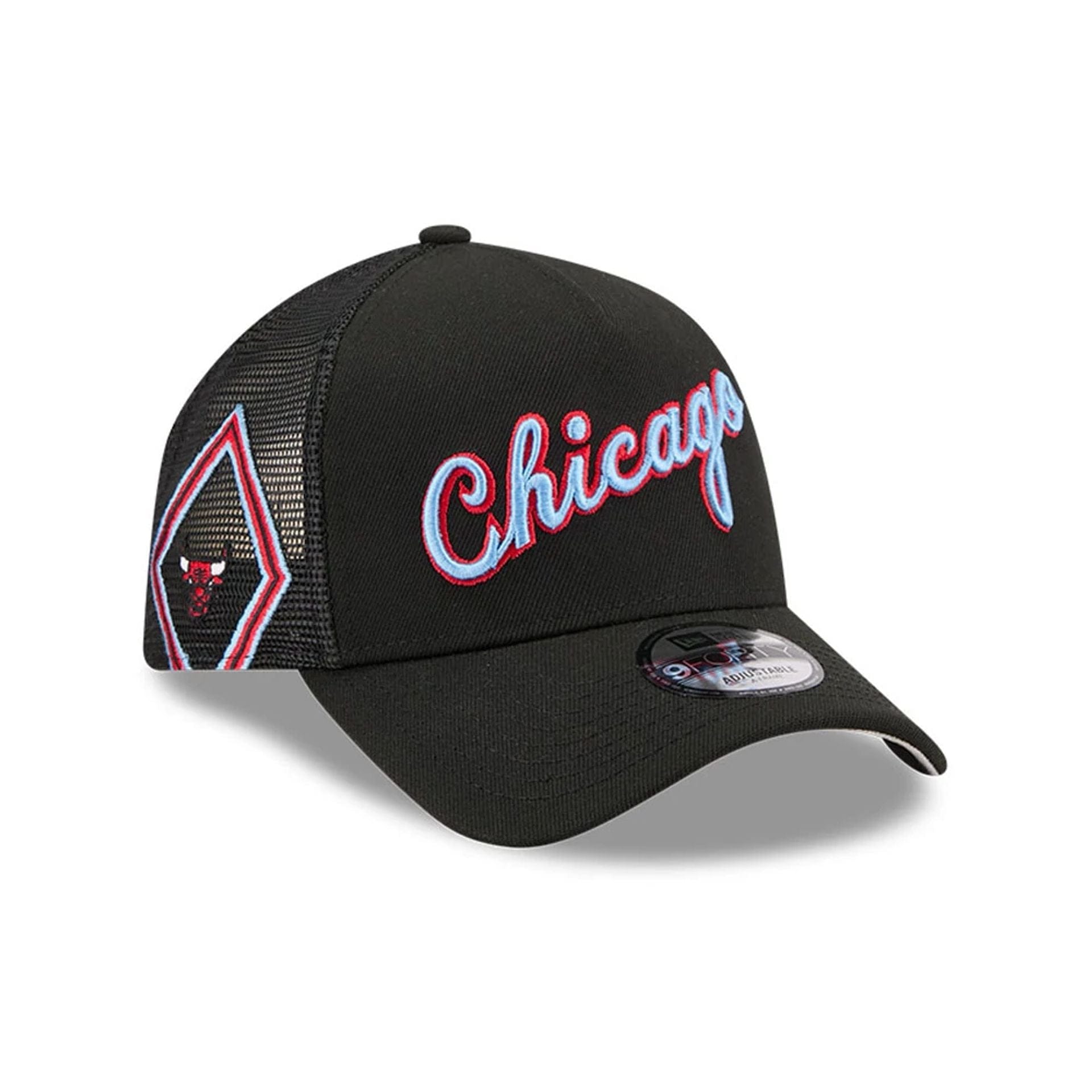 This is a Chicago Bulls NBA City Edition Black 9FORTY A-Frame Trucker Adjustable Cap 1