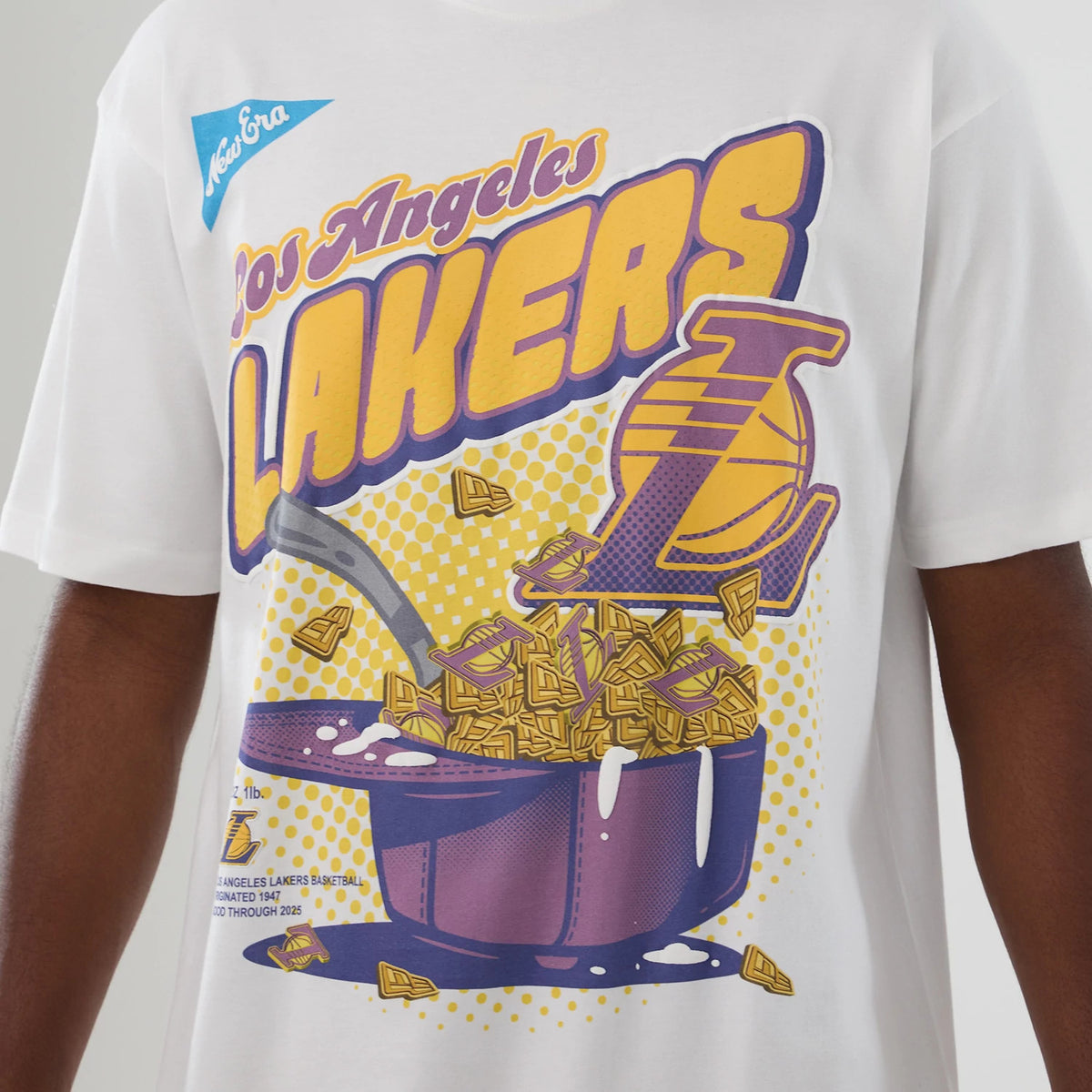 The Male model is wearing LA Lakers NBA Lifestyle Graphic White T-Shirt 4