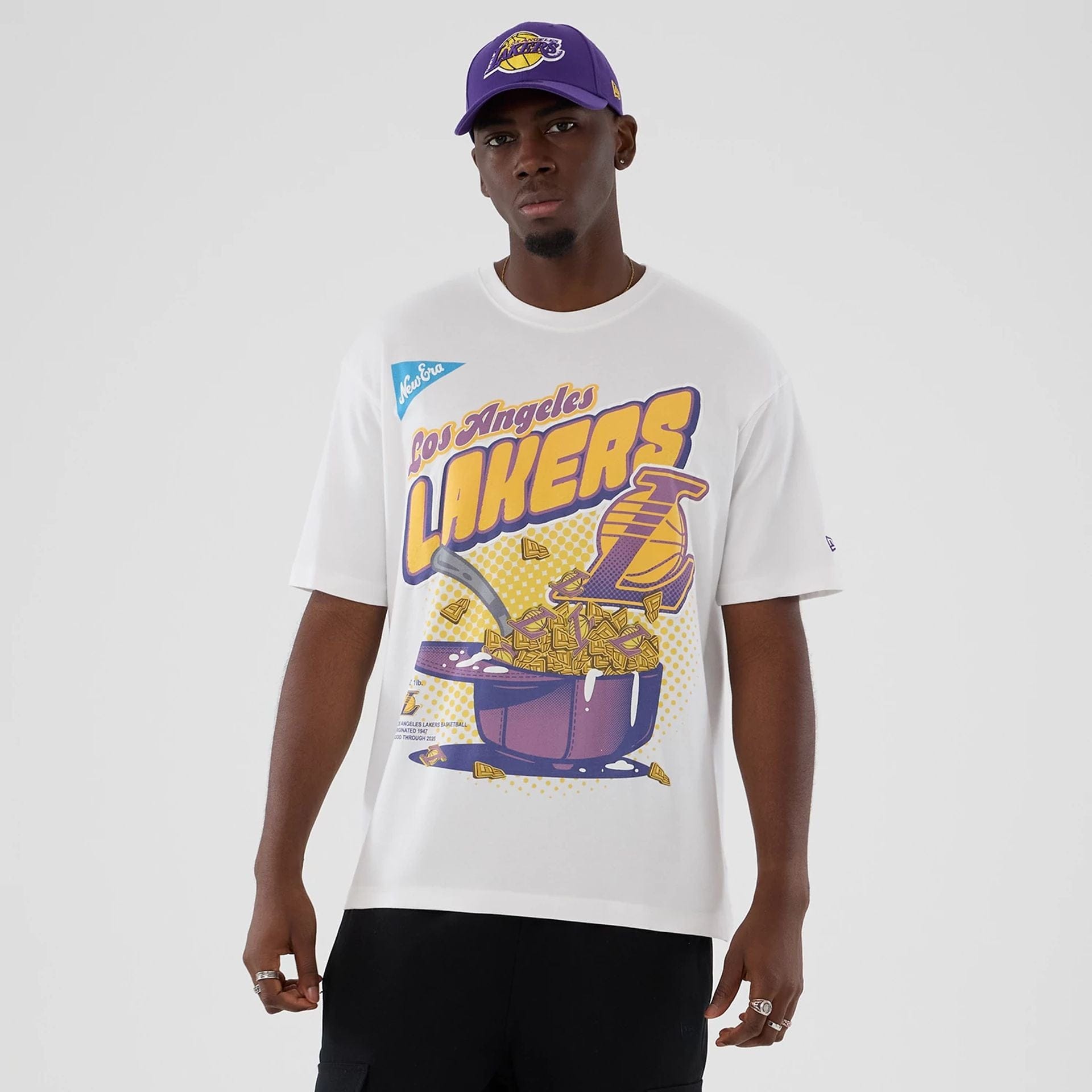 The Male model is wearing LA Lakers NBA Lifestyle Graphic White T-Shirt 1