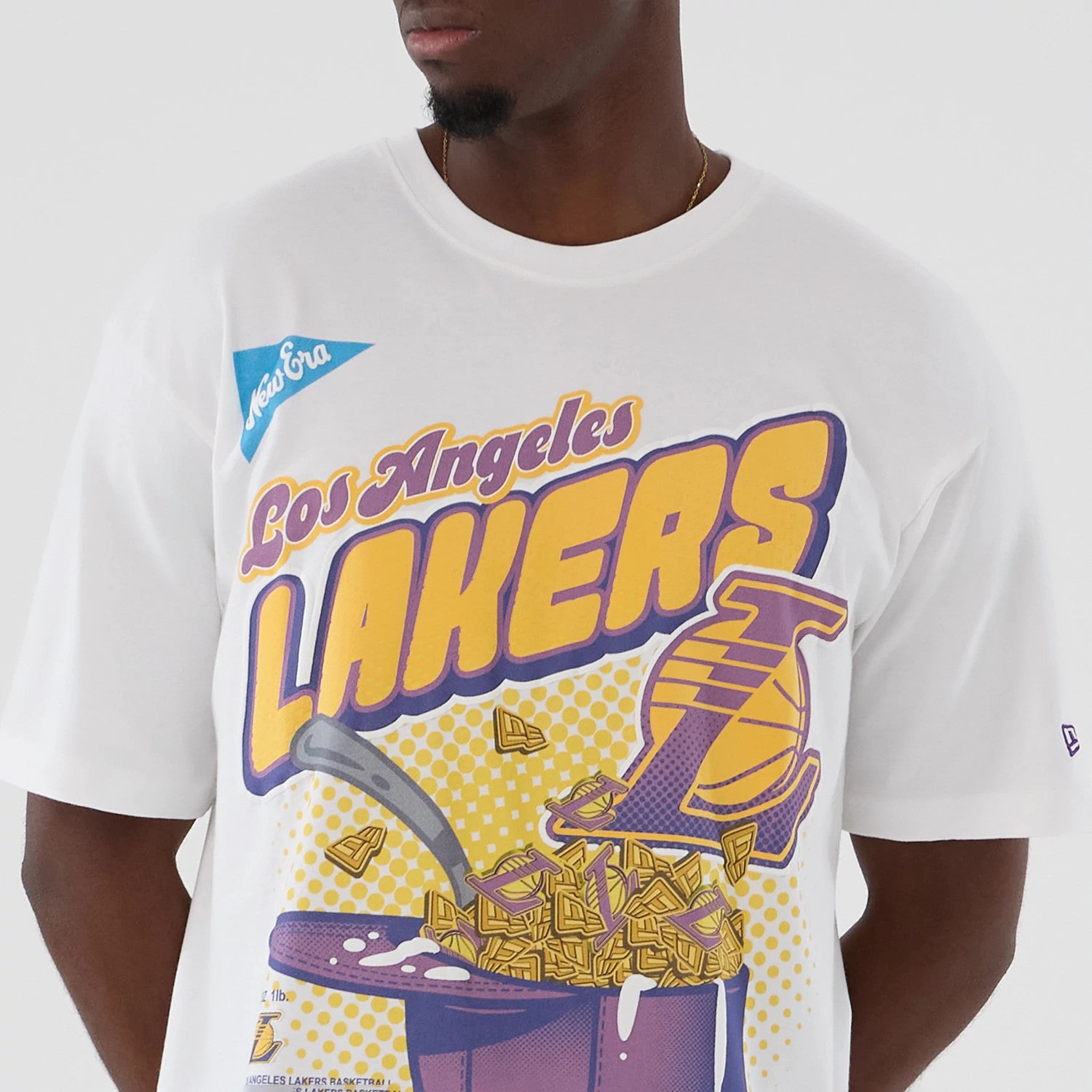 The Male model is wearing LA Lakers NBA Lifestyle Graphic White T-Shirt 3