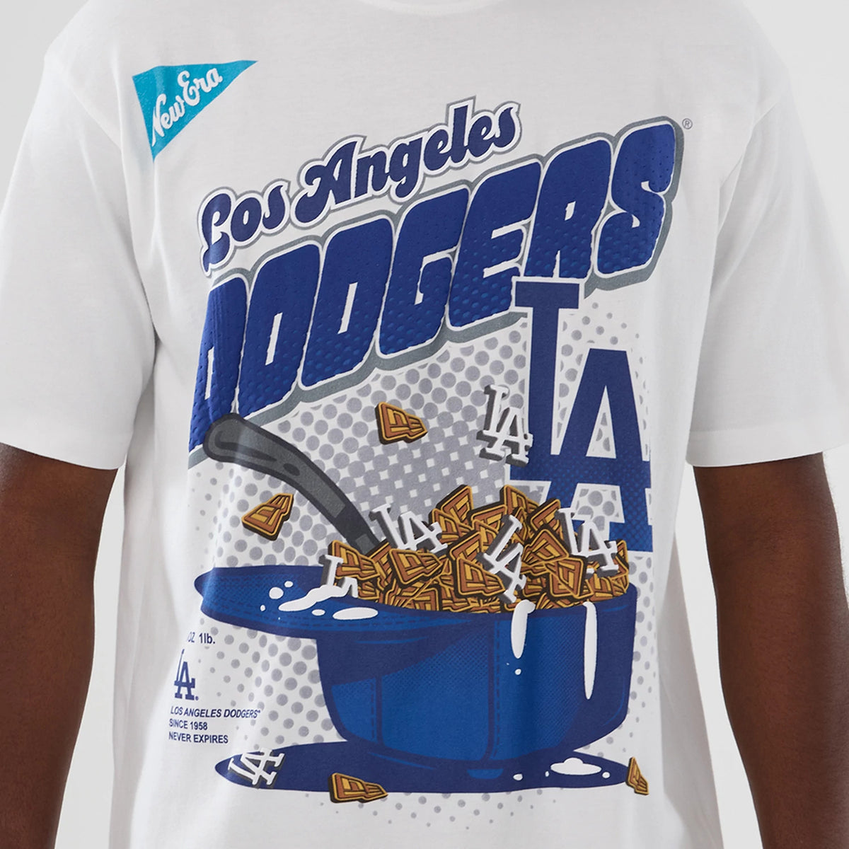 New Era LA Dodgers MLB Lifestyle Graphic White T-Shirt, front view with a Los Angeles Dodgers logo across the chest, a graphic of cereal pieces in a pan and a small blue New Era logo on the upper left side.