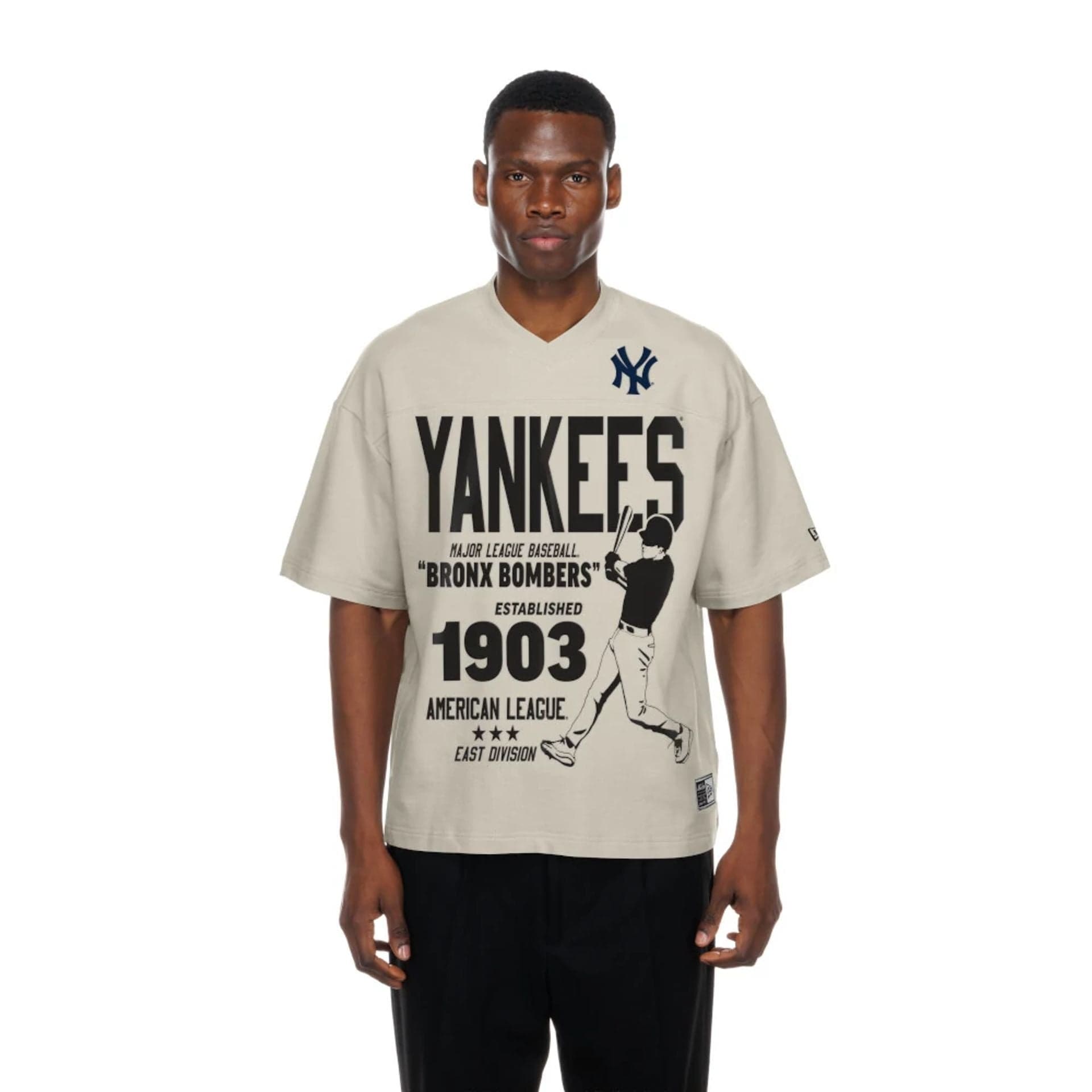 The Male model is wearing New York Yankees MLB Throwback Prep Light Beige T-Shirt 1