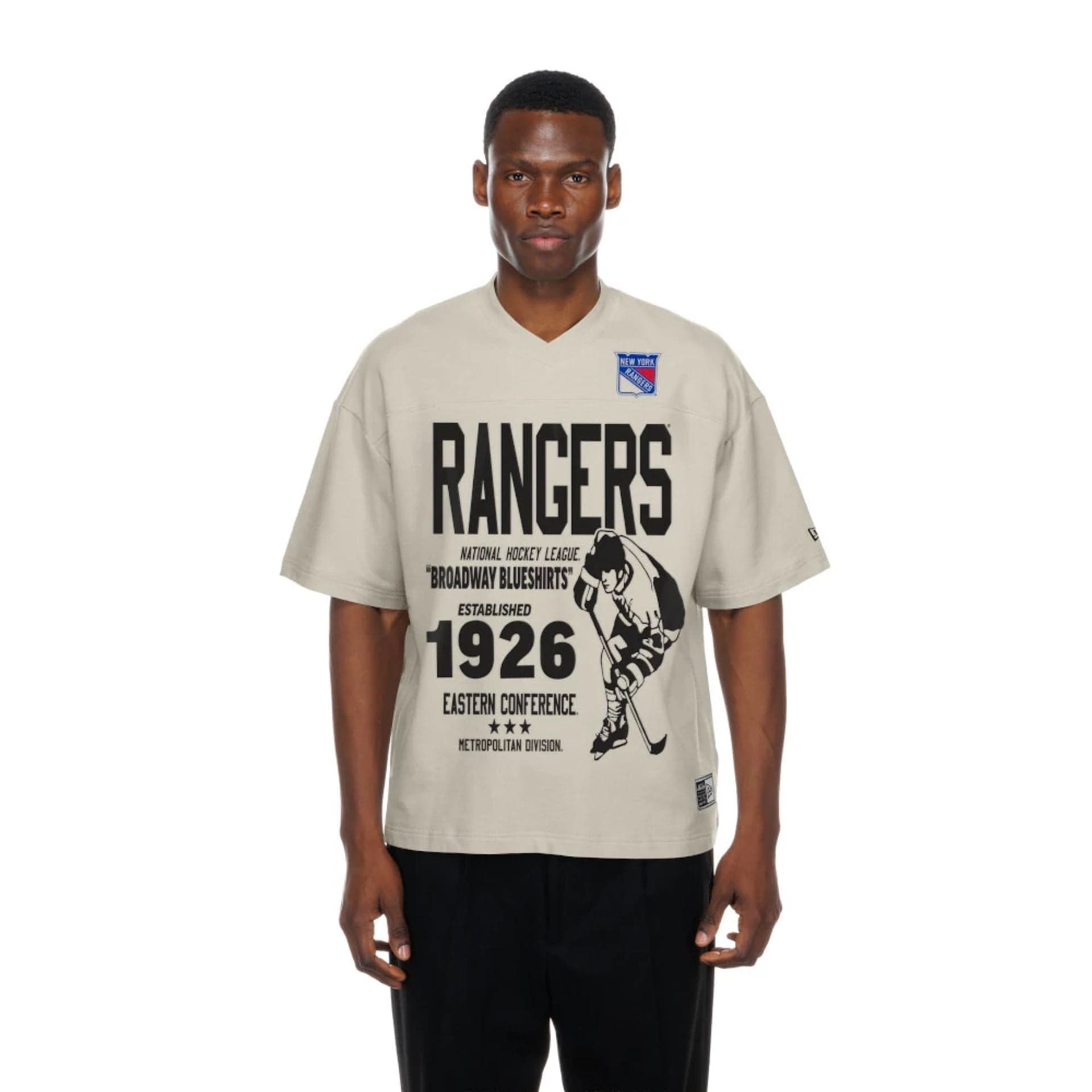 The Male model is wearing New York Rangers NHL Throwback Prep Light Beige T-Shirt 1
