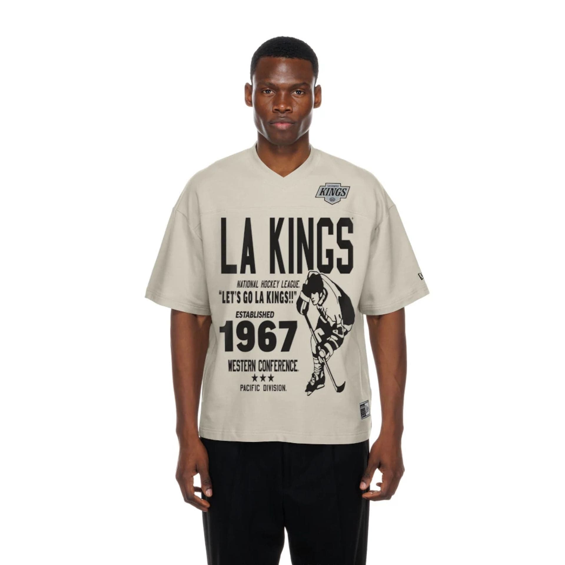 The Male model is wearing LA Kings NHL Throwback Prep Light Beige T-Shirt 1