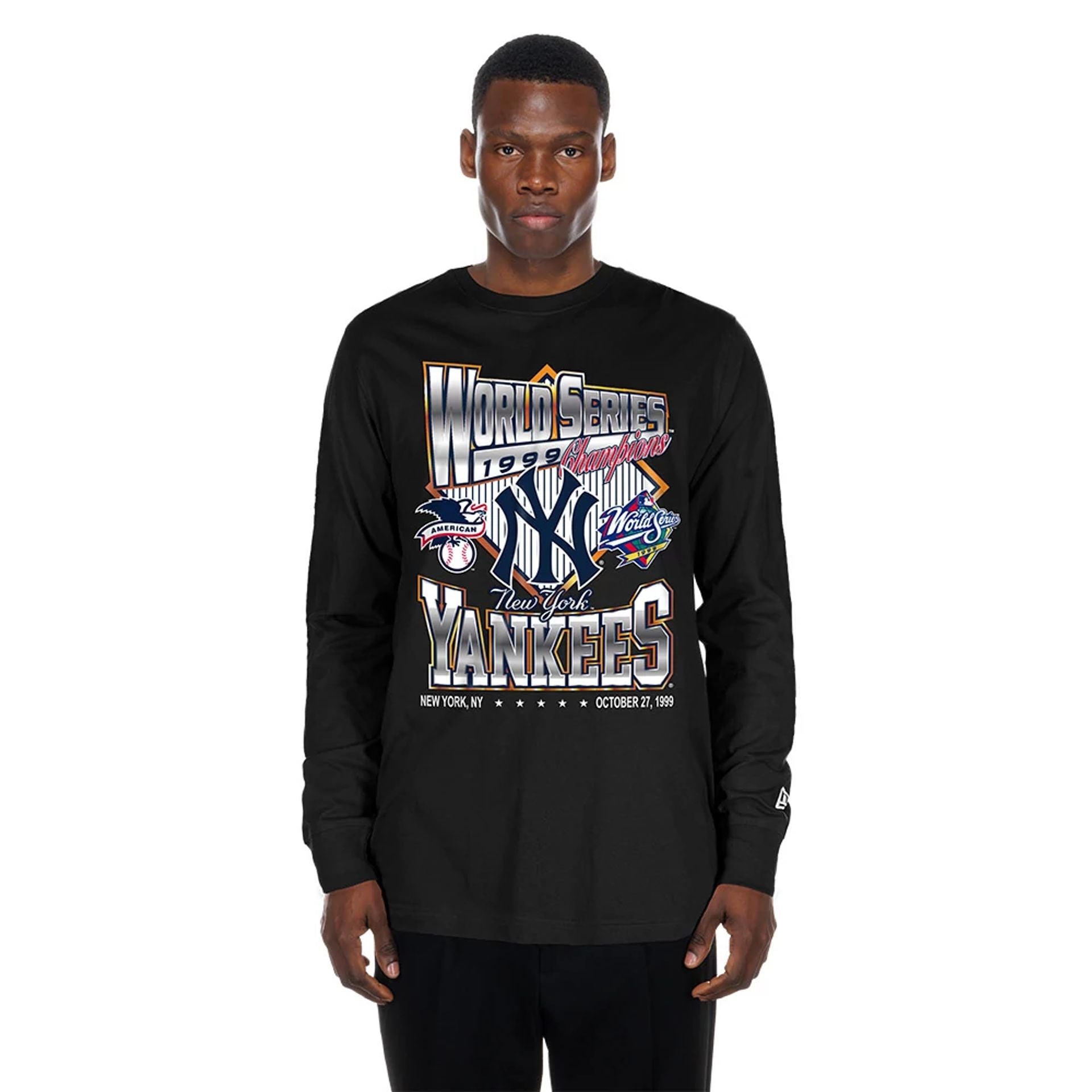The Male model is wearing New York Yankees MLB Sport Classic Black Long Sleeve T-Shirt 1