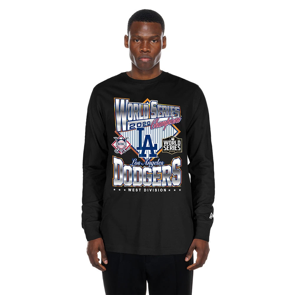 New Era LA Dodgers MLB Sport Classic Black Long Sleeve T-Shirt, front view on-model displaying a large graphic with World Series 2020 Champions and Los Angeles Dodgers lettering in white and blue across the chest.