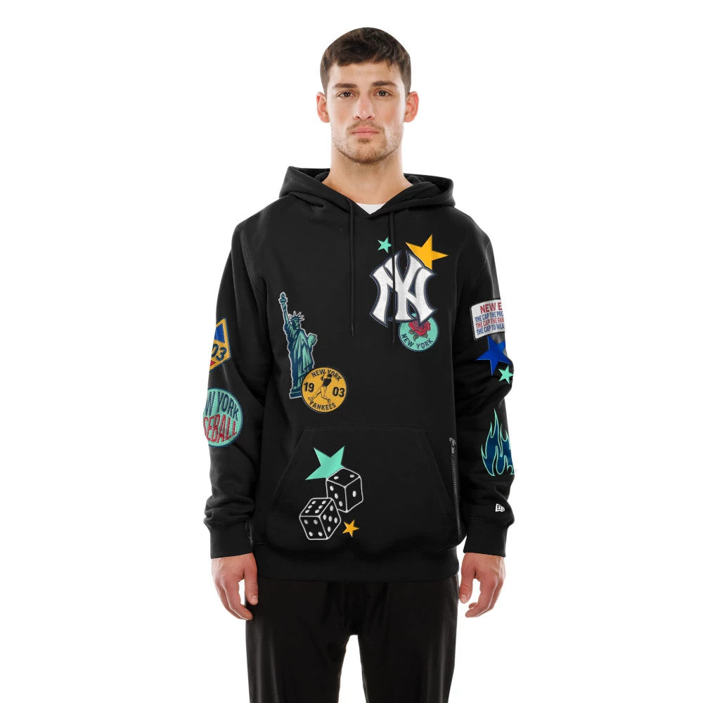 The Male model is wearing New York Yankees MLB x Uptown Threads Black Pullover Hoodie 1