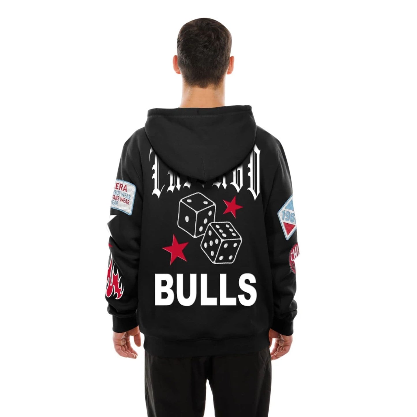 The Male model is wearing Chicago Bulls NBA x Uptown Threads Black Pullover Hoodie 2