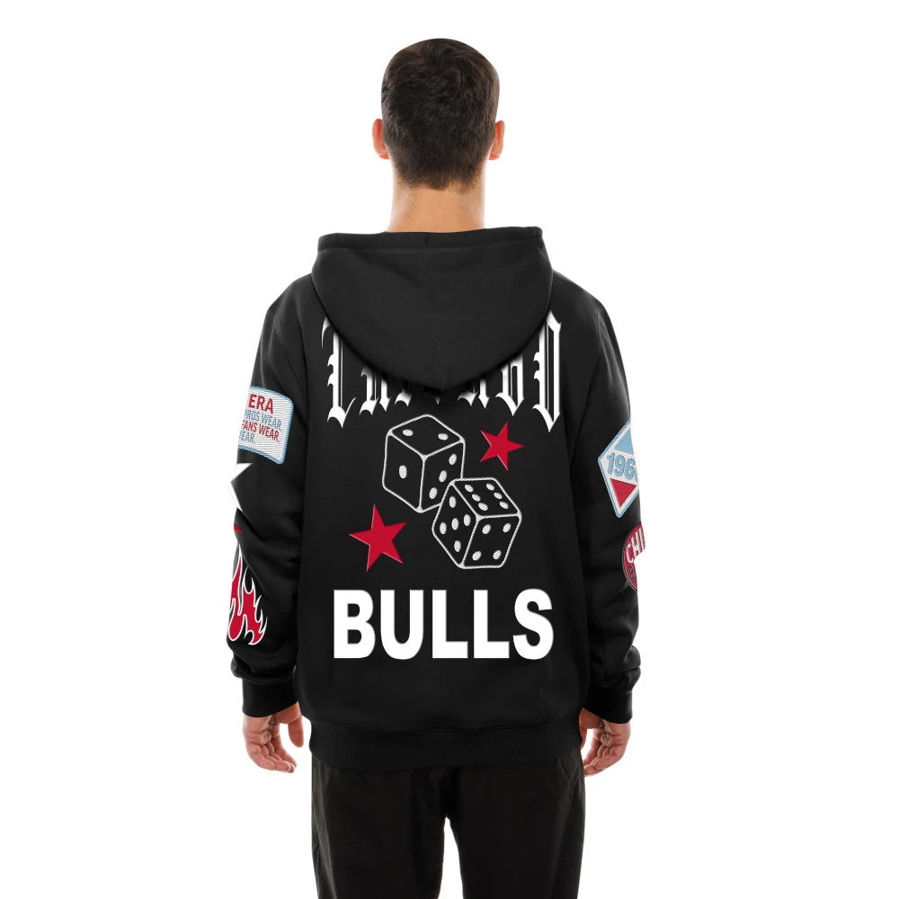 New Era Chicago Bulls NBA x Uptown Threads Black Pullover Hoodie, back view on-model displaying gothic lettering, dice graphics, red stars, and white Bulls lettering, with embroidered patches on the sleeves.