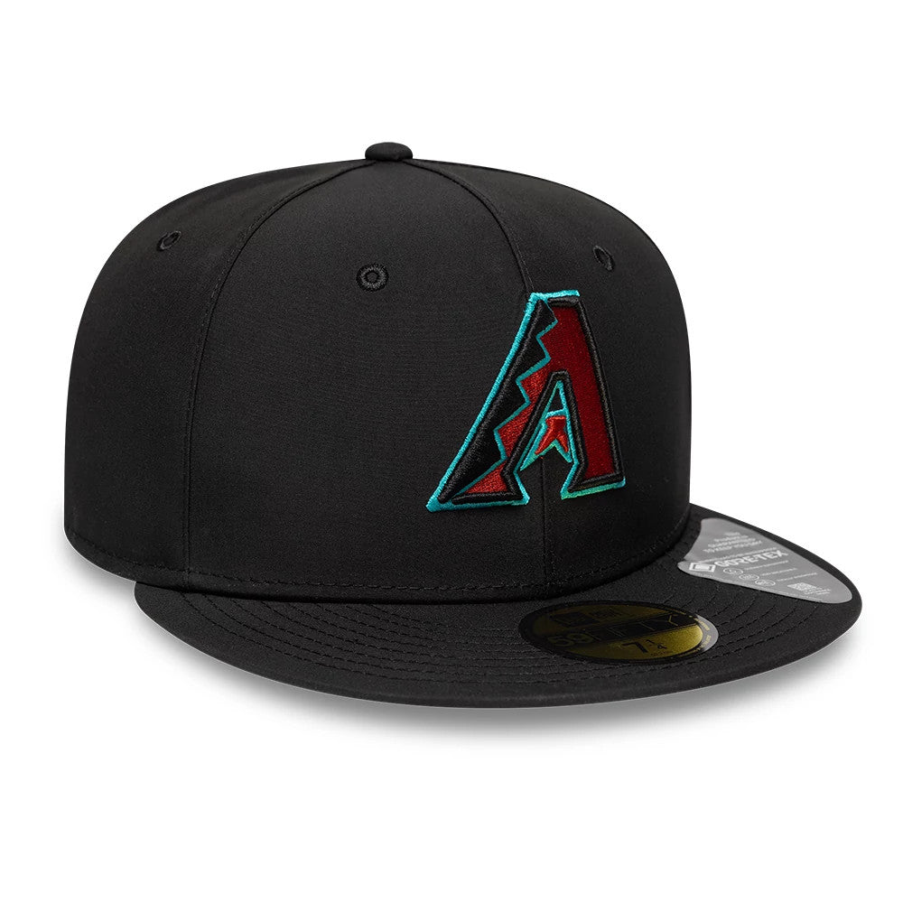 Arizona Diamondbacks MLB Gore-Tex Black New Era 59FIFTY Fitted Cap, front view showing a red and teal embroidered A logo on the front panel, a flat black visor with a gold 59FIFTY size sticker, and the silver Gore-Tex label on top.