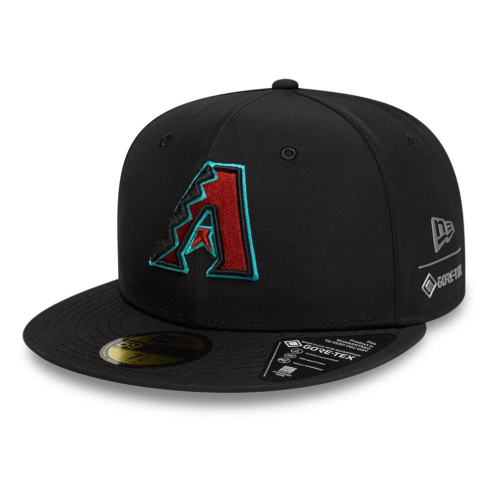 Arizona Diamondbacks MLB Gore-Tex Black New Era 59FIFTY Fitted Cap, front view showing the raised red and teal embroidered A logo on the front panel, black flat visor with a gold 59FIFTY size sticker and Gore-Tex branding on the side.