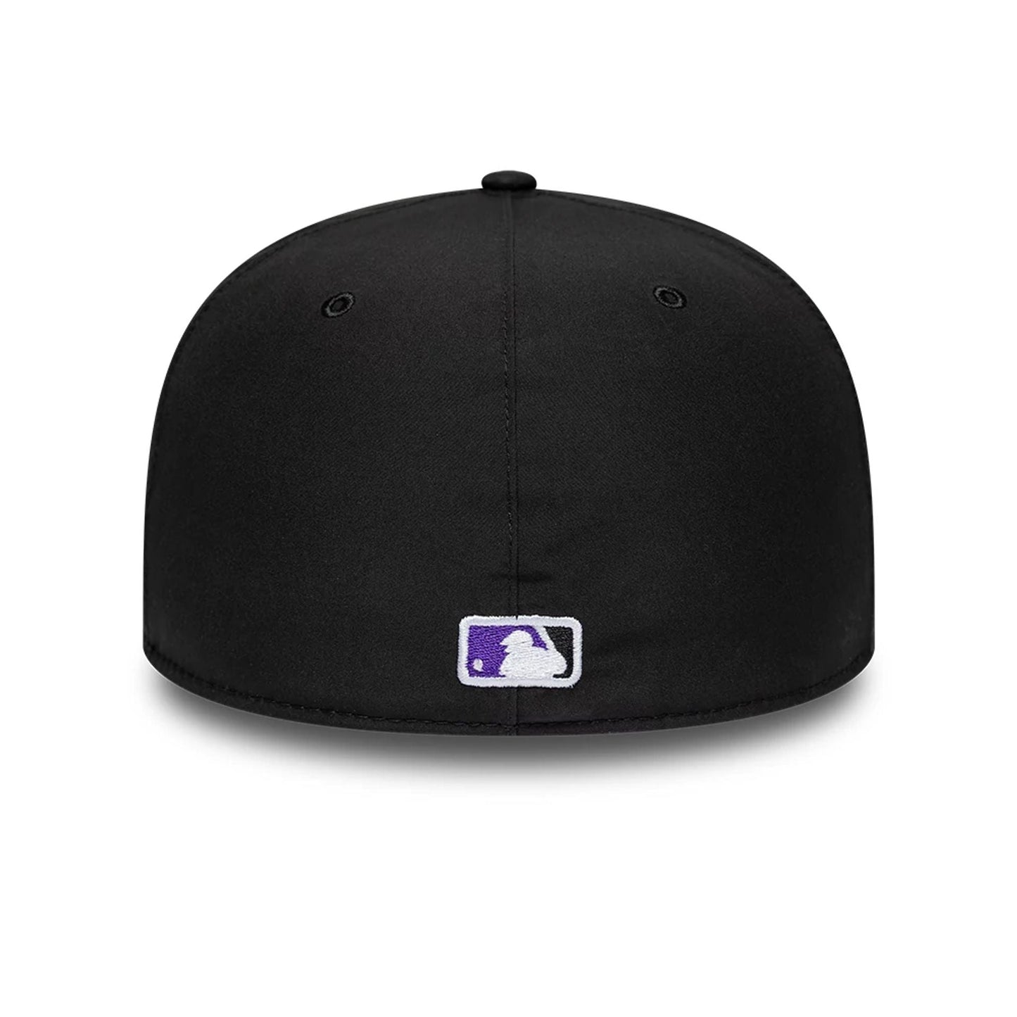 Colorado Rockies MLB Gore-Tex Black New Era 59FIFTY Fitted Cap, rear view showing the white and purple embroidered MLB Batterman logo centred on the back, with eyelets on the structured black crown.