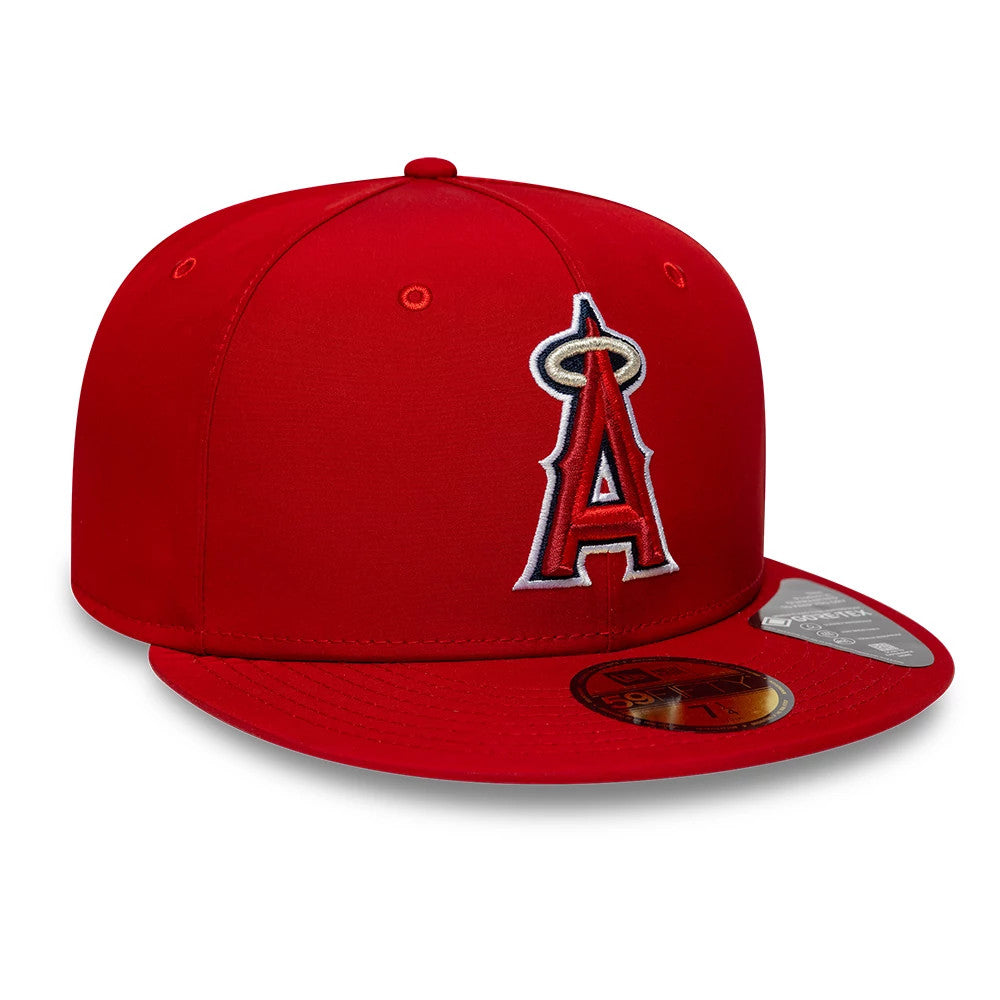 LA Angels MLB Gore-Tex Red New Era 59FIFTY Fitted Cap, three-quarter view showing the embroidered red and white A logo with a halo on the front panel, red visor with gold 59FIFTY size sticker and Gore-Tex sticker.