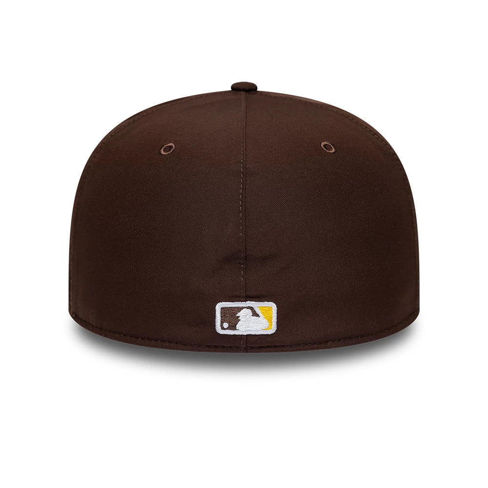 San Diego Padres MLB Gore-Tex Dark Brown New Era 59FIFTY Fitted Cap, rear view showing the white and brown embroidered MLB Batterman logo at the centre of the back panels, with matching dark brown eyelets on the structured crown.