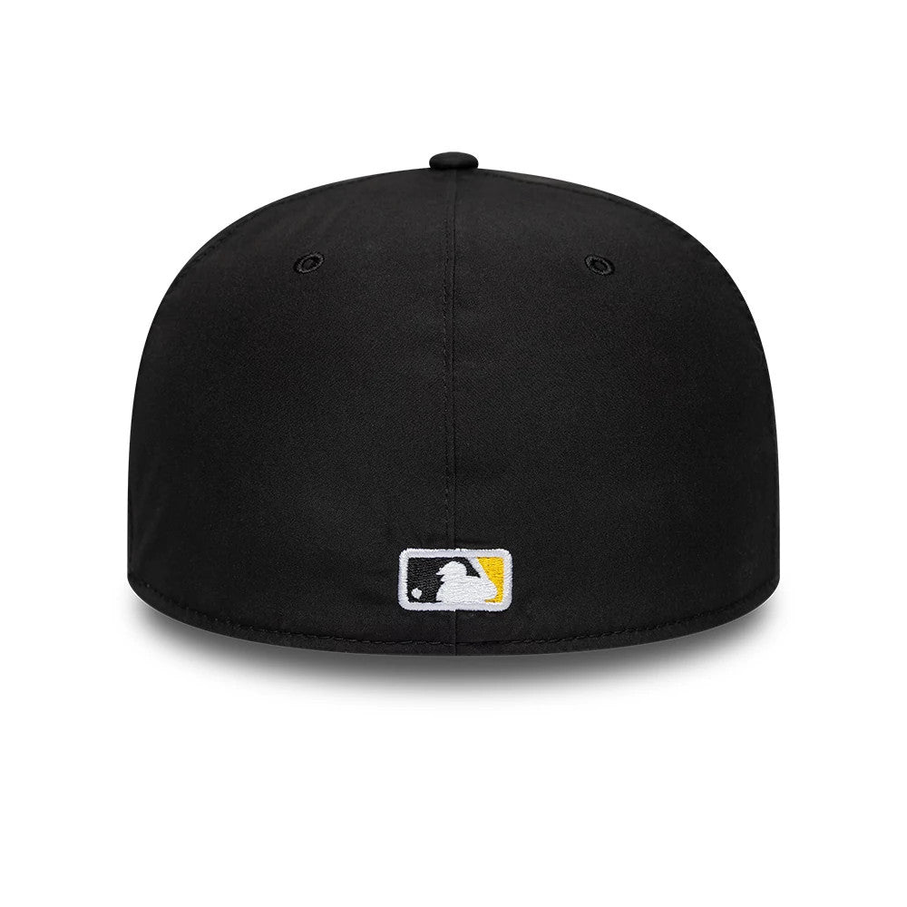Pittsburgh Pirates MLB Gore-Tex Black New Era 59FIFTY Fitted Cap, rear view showing the MLB Batterman logo in black, white, and yellow embroidered at the centre back of the black crown with a finish.
