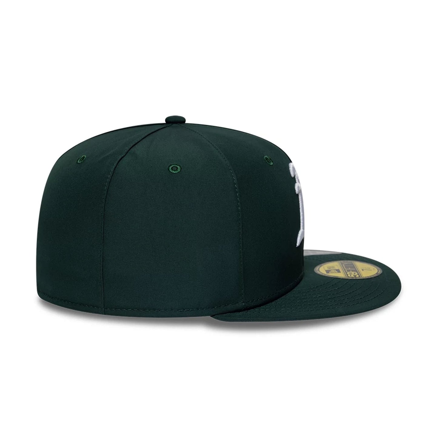 Athletics MLB Gore-Tex Dark Green New Era 59FIFTY Fitted Cap, side view showing the structured dark green crown with matching eyelets and top button, green flat visor, and gold 59FIFTY size sticker on the visor's top.