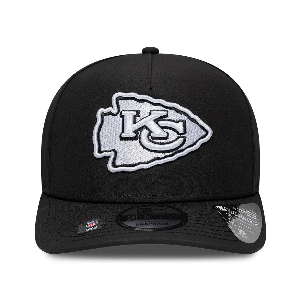 Kansas City Chiefs NFL Gore-Tex Black New Era 9FIFTY A-Frame Snapback Adjustable Cap, front view showing raised white embroidered Chiefs arrowhead logo on black crown, with black visor and 9FIFTY size sticker.