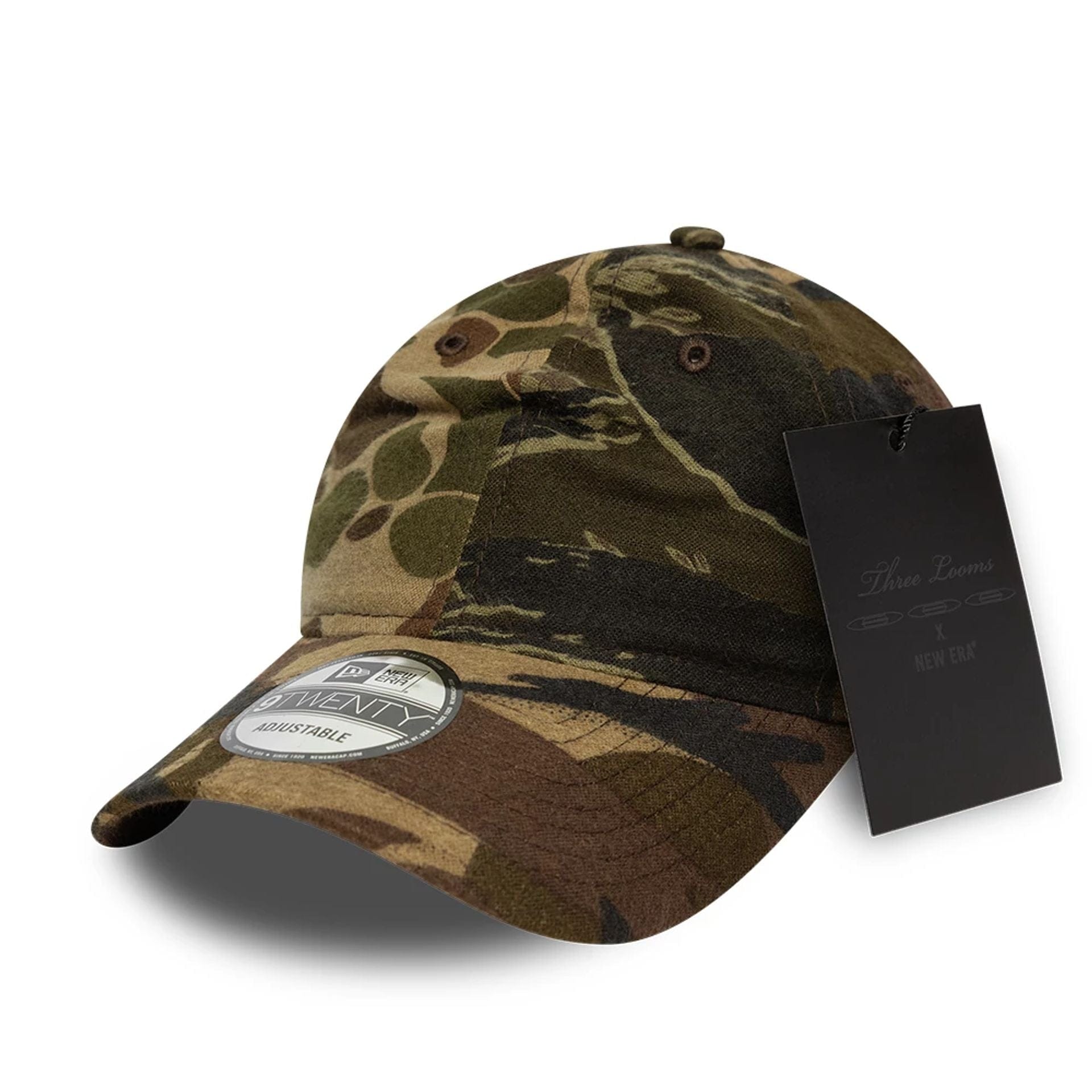 This is a Three Looms x New Era Woodland Camo 9TWENTY Adjustable Cap 1