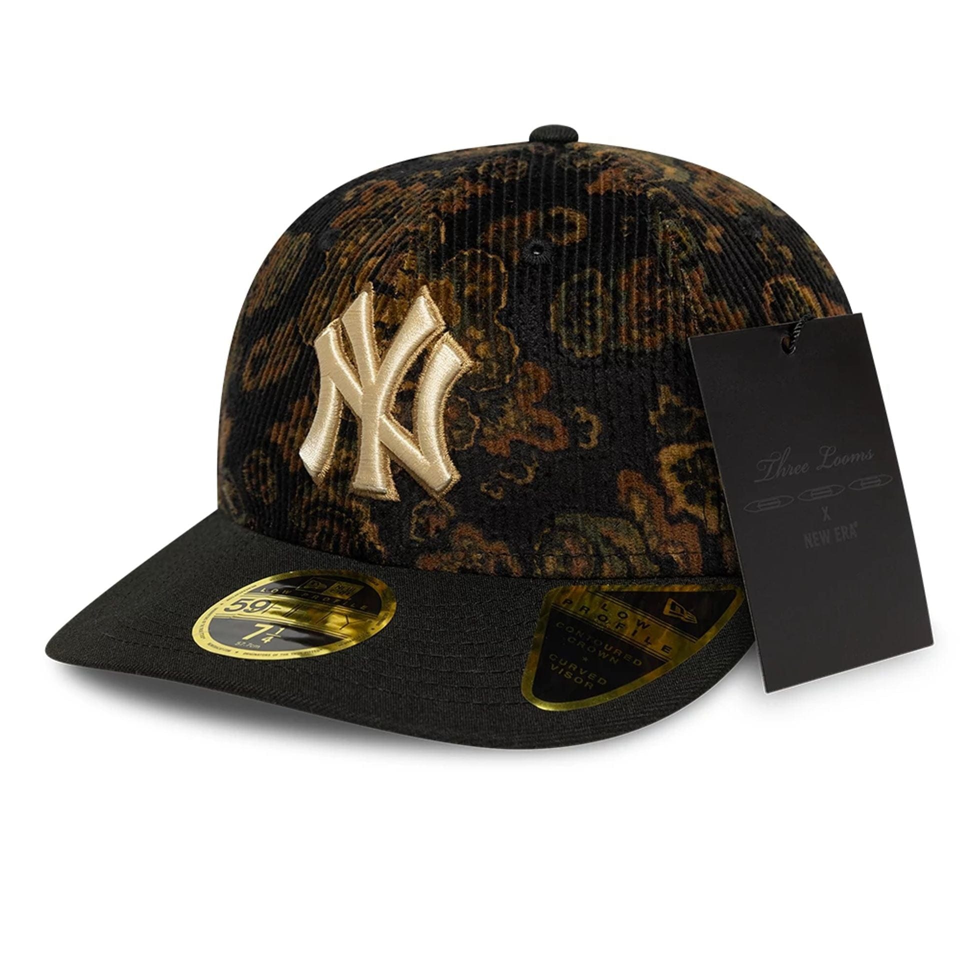 This is a New York Yankees Three Looms x MLB Floral Cord Black Low Profile 59FIFTY Fitted Cap 1