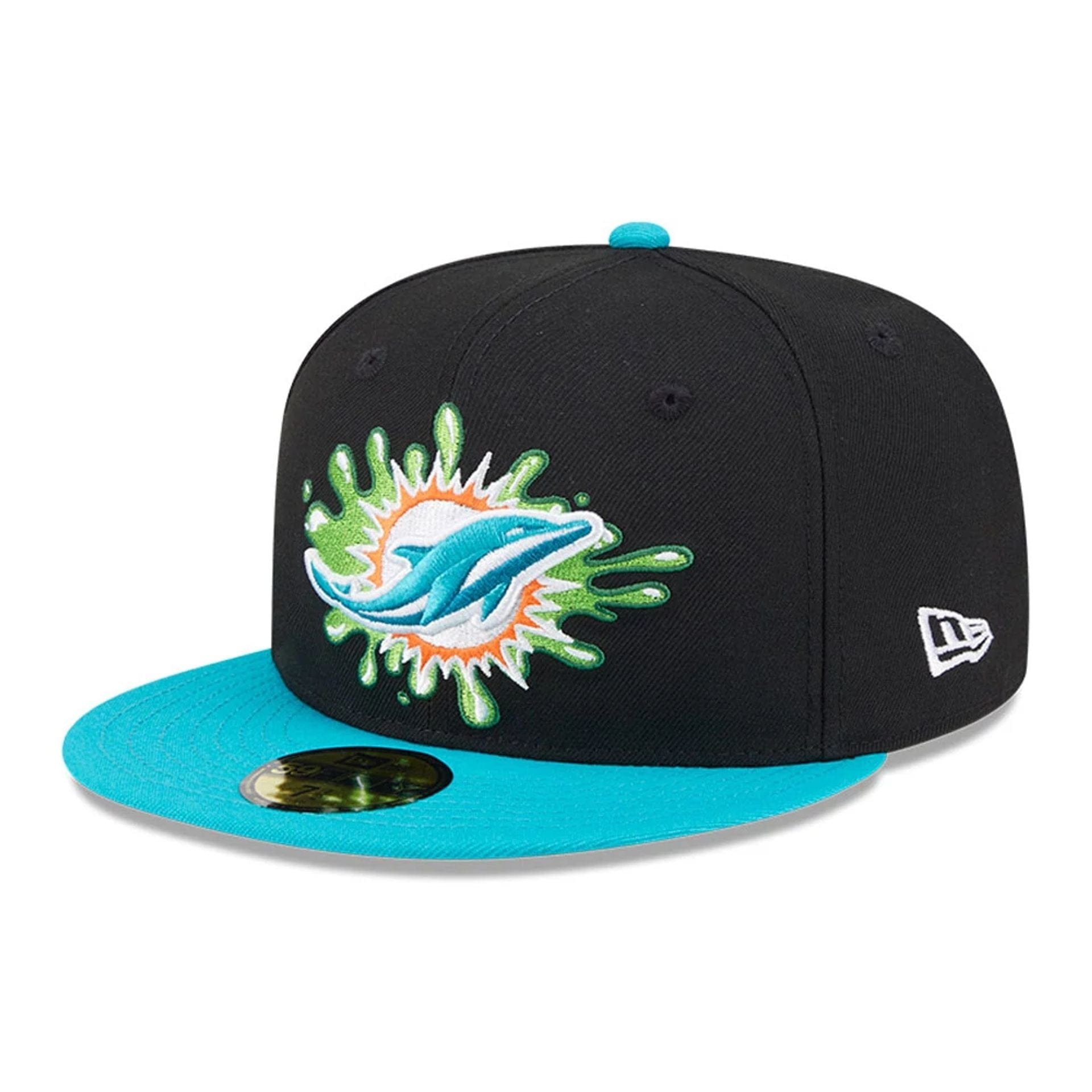 Pictured is this Miami Dolphins NFL x Nickelodeon black 59FIFTY Fitted cap. 1