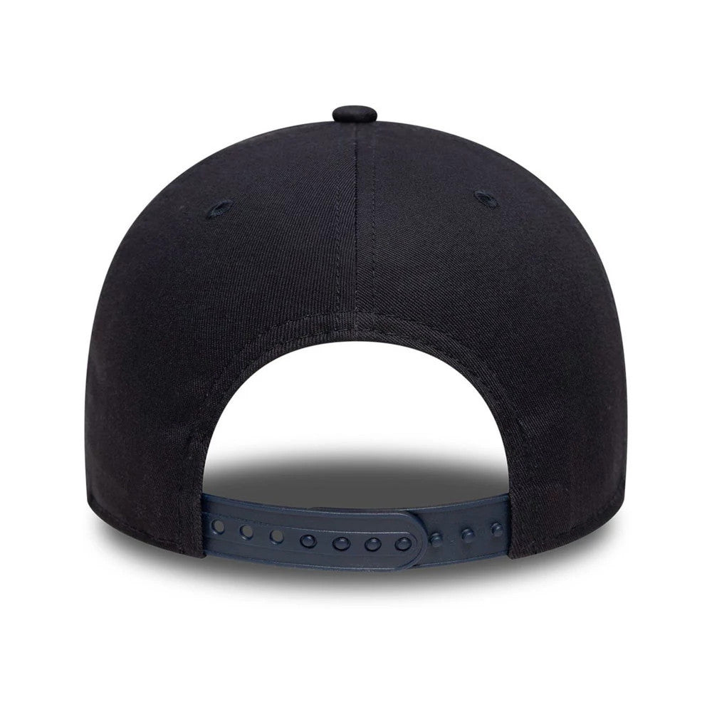 Chelsea FC Lion Crest Youth Core Blue New Era 9FORTY Cap, rear view showing a navy blue adjustable strap with a structured crown and a top button, highlighting the simple and back panel design.