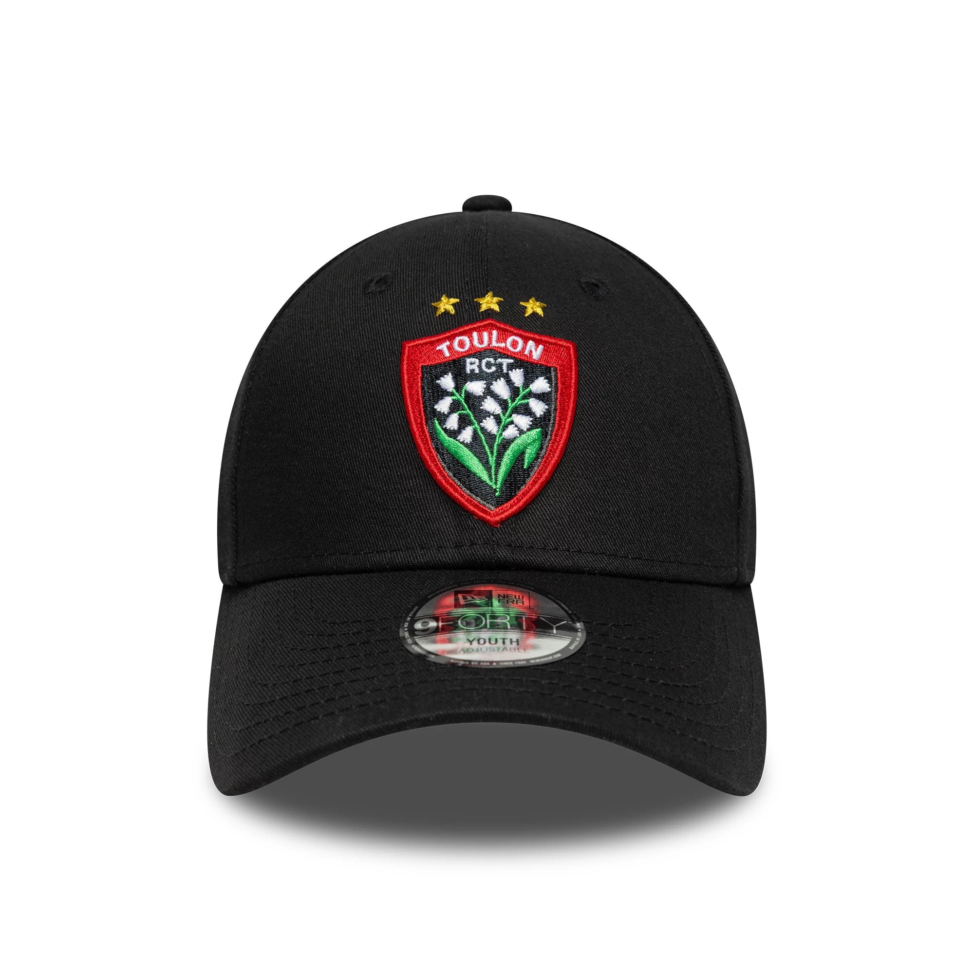 RC Toulonnais Youth Core Black New Era 9FORTY Adjustable Cap, front view with a red embroidered RC Toulonnais logo on the crown, three gold stars above, curved black visor and 9FORTY size sticker.