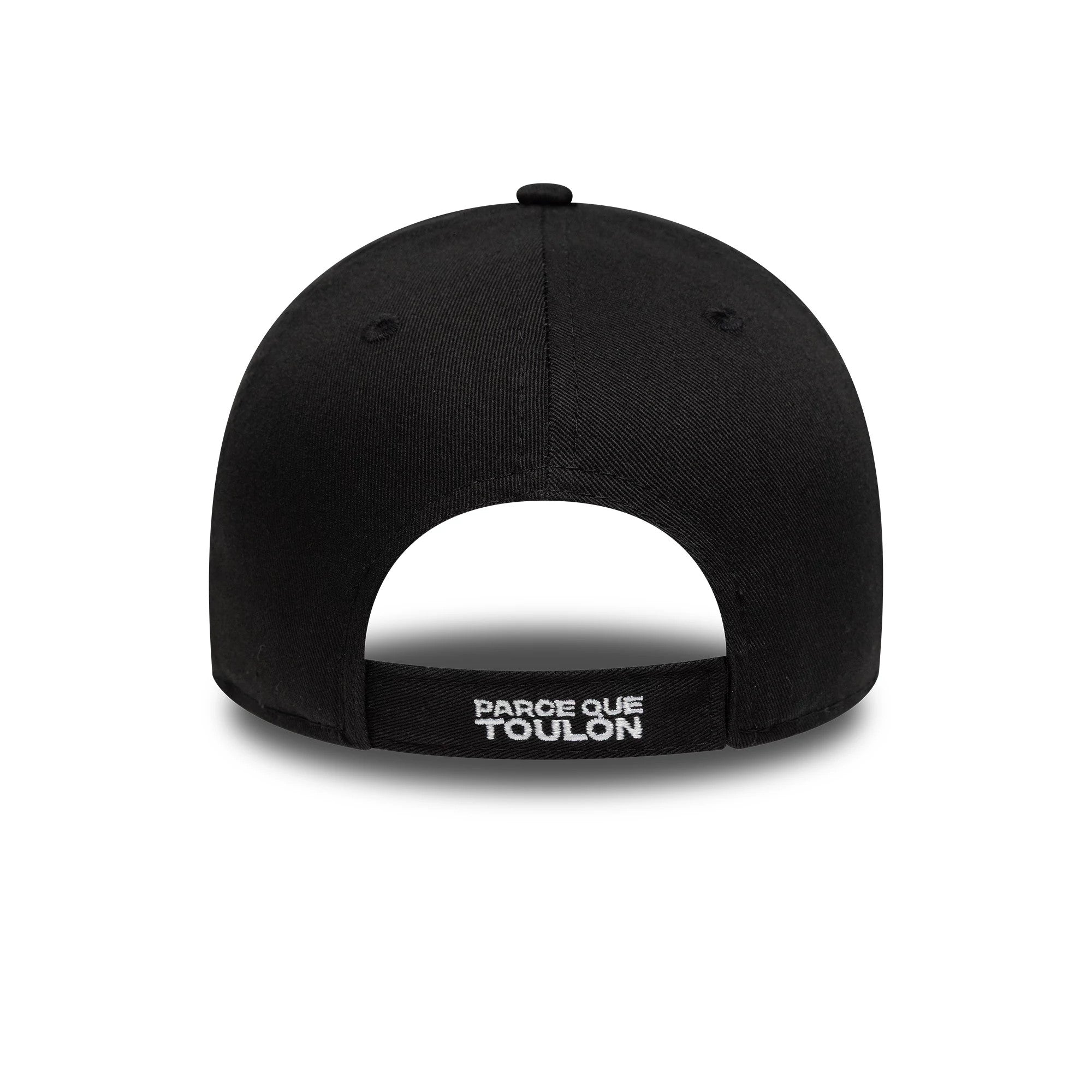 RC Toulonnais Youth Core Black New Era 9FORTY Adjustable Cap, rear view showing the white embroidered PARCE QUE TOULON text on the black adjustable strap at the base of the structured black crown.