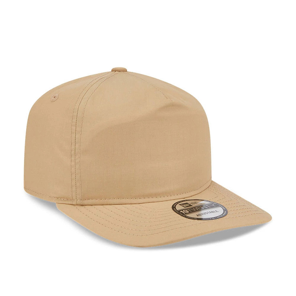 New Era Open Brown 19TWENTY Adjustable Cap, three-quarter view showing the plain structured crown, flat visor with a 19TWENTY size sticker, and a matching top button in a soft brown fabric.